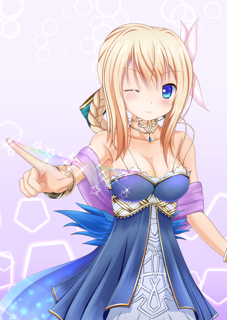 aneten, le fay lore, emil chronicle online, 1girl, bare shoulders, blonde hair, blue dress, blue eyes, bow, braid, breasts, choker, cleavage, dress, flower, green bow, hair bow, hair flower, hair ornament, large breasts, long sidelocks, one eye closed, pointing, purple background, purple veil, sidelocks, sleeveless, sleeveless dress, solo, veil