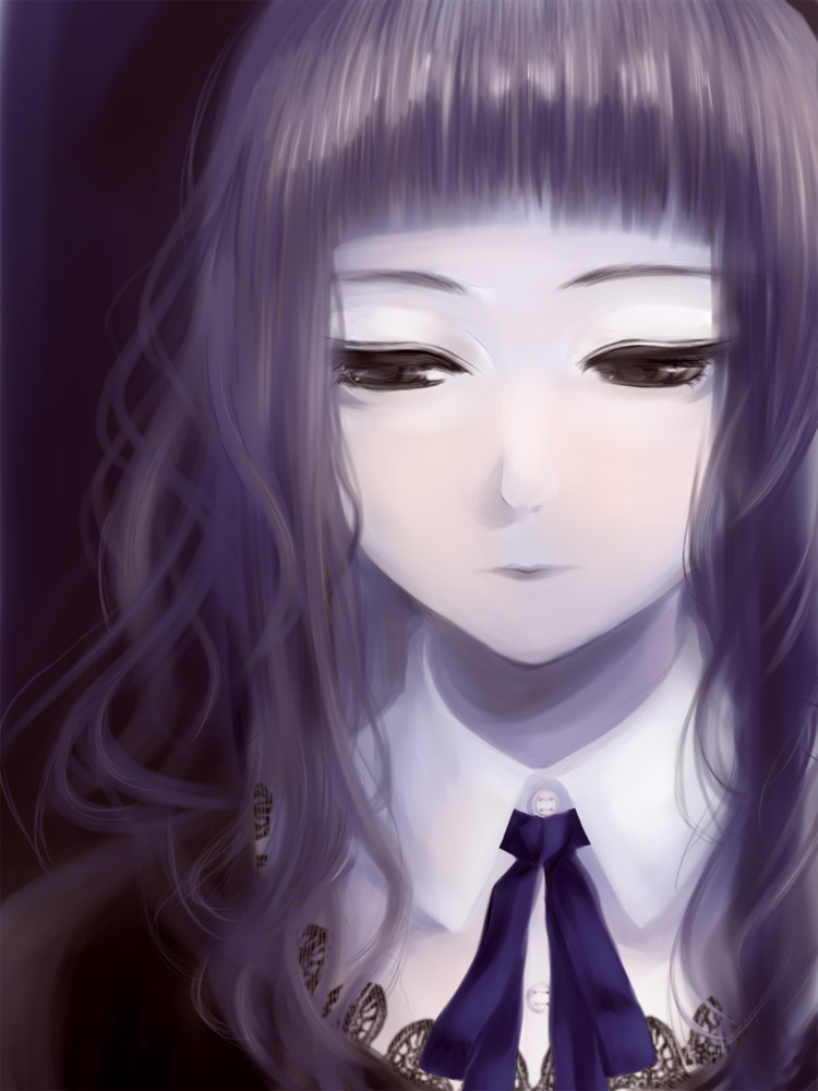 oyamada musshu, original, 1girl, black eyes, black hair, blunt bangs, female focus, gothic lolita, half-closed eyes, hime cut, lolita fashion, looking at viewer, monochrome, purple theme, shaded face, sidelocks, solo, upper body, wavy hair