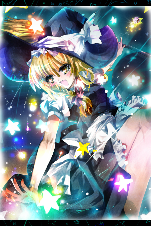 aquamarine, kirisame marisa, touhou, 1girl, apron, bare legs, black dress, blonde hair, dress, female focus, hat, knees up, long hair, looking at viewer, magic, puffy short sleeves, puffy sleeves, short sleeves, solo, star (symbol), very long hair, waist apron, witch hat, yellow eyes
