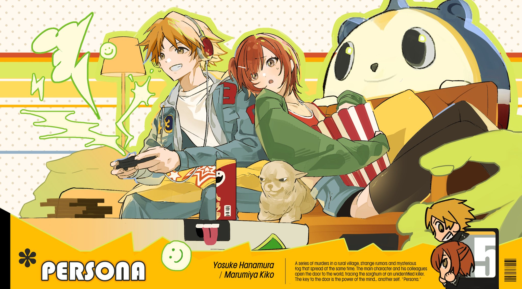 hanamura yousuke, kuma (persona 4), persona, persona 4, pringles, artist request, highres, non-web source, 1girl, 2boys, barcode, black eyes, brown eyes, brown thighhighs, character name, chibi, chibi inset, closed mouth, controller, copyright name, couch, dog, food, game controller, green jacket, green outline, grey hoodie, headphones, holding, holding controller, hood, hood down, hoodie, jacket, lamp, lampshade, multiple boys, open clothes, open jacket, open mouth, orange hair, outline, pillow, popcorn, red hair, short hair, single bare shoulder, sitting, smile, star (symbol), star print, sweatdrop, teeth, thighhighs