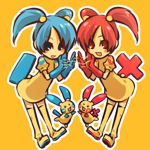 hitec, minun, plusle, moemon, nintendo, pokemon, pokemon rse, 2girls, blue eyes, blue hair, blush, blush stickers, boots, cat's cradle, cosplay, creature and personification, gen 3 pokemon, gloves, multiple girls, personification, red eyes, red hair, siblings, simple background, sisters, thigh boots, thighhighs, twins, twintails, yellow background