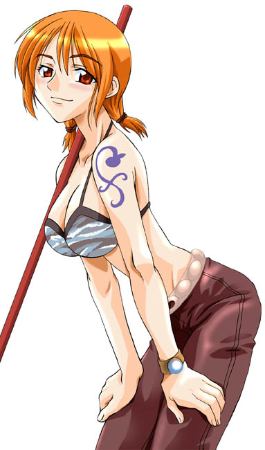 nami (one piece), nami (one piece) (skypiea), one piece, artist request, source request, 1girl, bent over, bikini, bikini top only, breasts, capri pants, cleavage, female focus, large breasts, log pose, orange hair, pants, red eyes, short hair, shoulder tattoo, simple background, skypiea, solo, staff, swimsuit, tattoo, twintails, weapon, white background