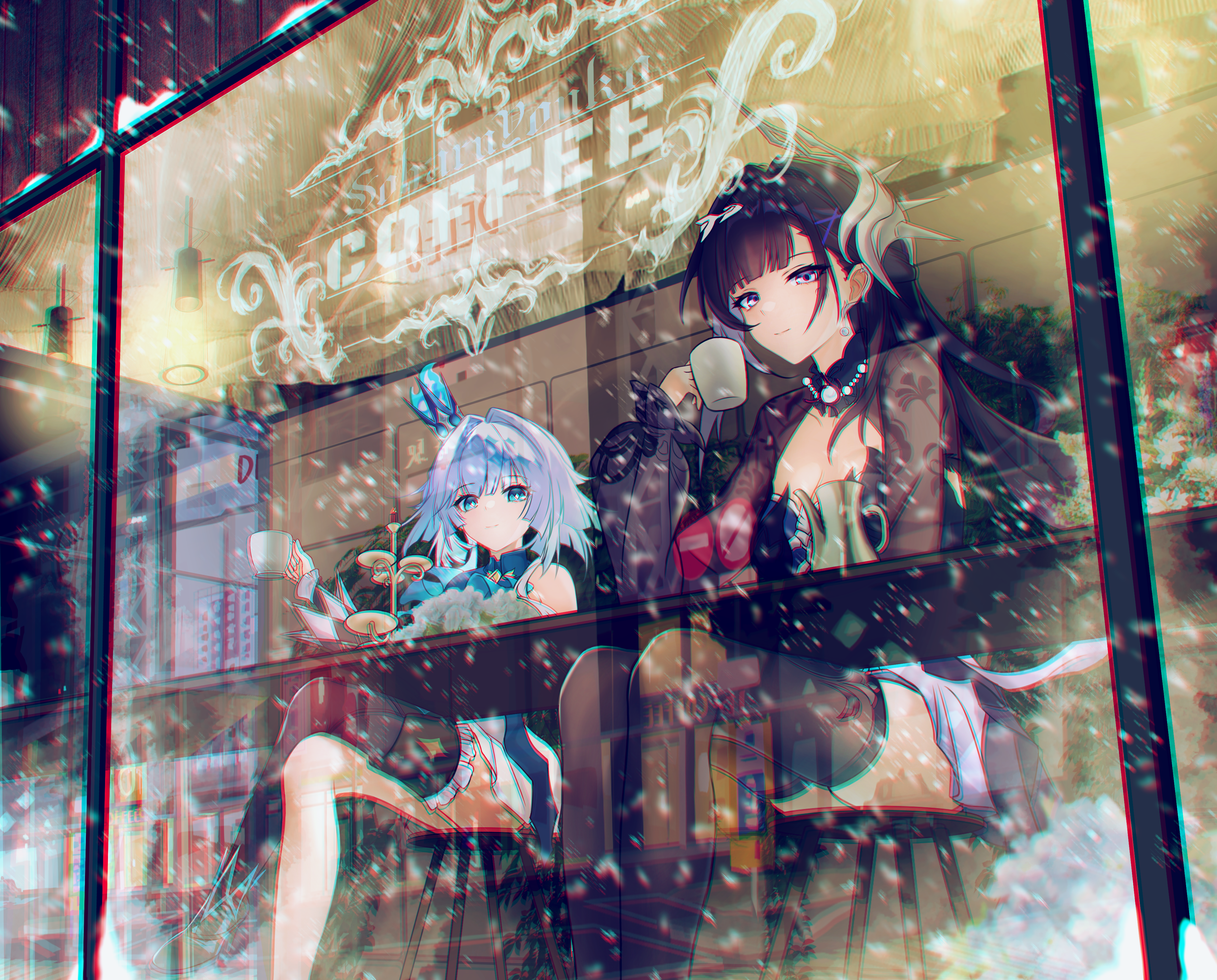 soharu youko, cerydra (honkai: star rail), hysilens (honkai: star rail), honkai: star rail, honkai (series), absurdres, commentary request, highres, 2girls, black hair, black thighhighs, blue dress, blue eyes, blue hair, breasts, cafe, cleavage, coffee mug, crossed legs, cup, dress, hair intakes, hair ornament, holding, holding cup, jewelry, large breasts, long hair, mug, multiple girls, necklace, pearl necklace, shrug (clothing), single thighhigh, thighhighs, thighs, very long hair