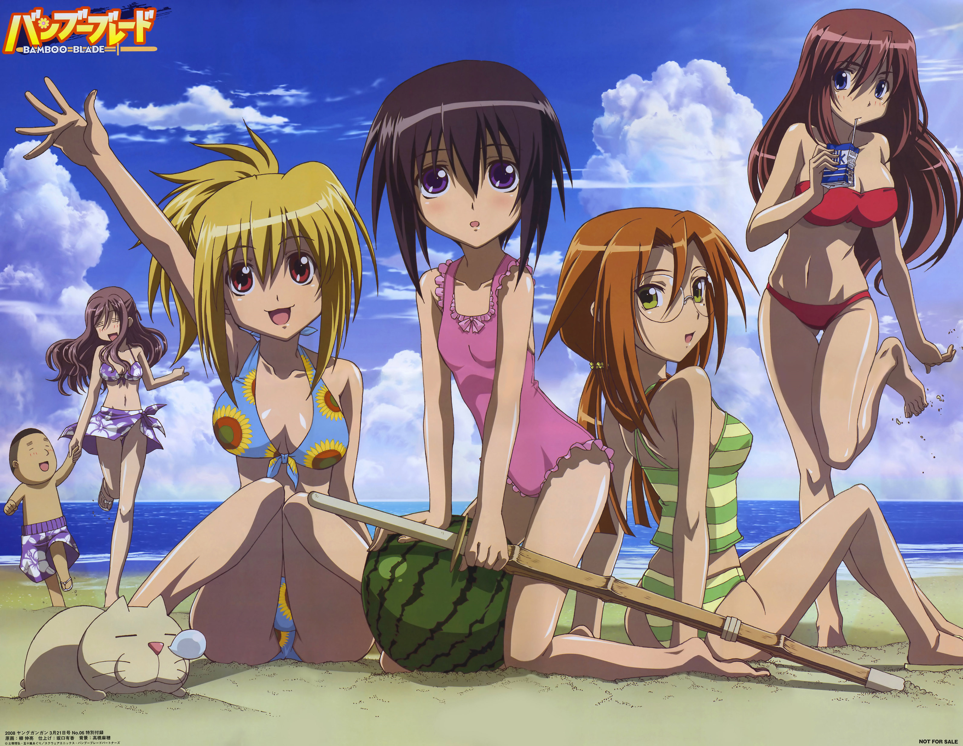 yanagi shinsuke, azuma satori, chiba kirino, eiga danjuurou, kawazoe tamaki, kuwahara sayako, miyazaki miyako, bamboo blade, frilled swimsuit, absurdres, highres, 00s, 1boy, 5girls, = =, animal, arm up, bandeau, barefoot, beach, bikini, black hair, blonde hair, blue eyes, blush, breasts, cat, cleavage, closed eyes, cloud, day, drinking, drinking straw, drinking straw in mouth, everyone, feet, flat chest, floral print, flower, food, frills, front-tie top, fruit, glasses, green eyes, grey hair, happy, holding hands, juice box, kneeling, large breasts, leg lift, long hair, looking at viewer, looking back, medium breasts, mole, mole under eye, multiple girls, ocean, one-piece swimsuit, open mouth, orange hair, outdoors, parted lips, ponytail, purple eyes, red eyes, red hair, round eyewear, running, sand, sarong, shinai, short hair, sitting, sky, sleeping, small breasts, smile, standing, strapless, swimsuit, sword, tankini, thigh gap, thighs, tube top, twintails, wading, water, watermelon, waving, weapon