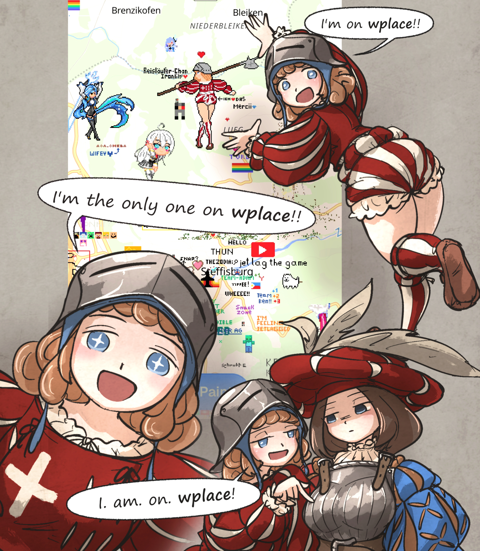 ironlily, landsknecht (ironlily), reislaeufer (ironlily), original, wplace, highres, + +, armor, ass, blue eyes, boobplate, breastplate, brown hair, chaperon hat, english text, frilled shirt collar, frills, hat feather, long sleeves, open mouth, puffy long sleeves, puffy sleeves, sallet, shaded face