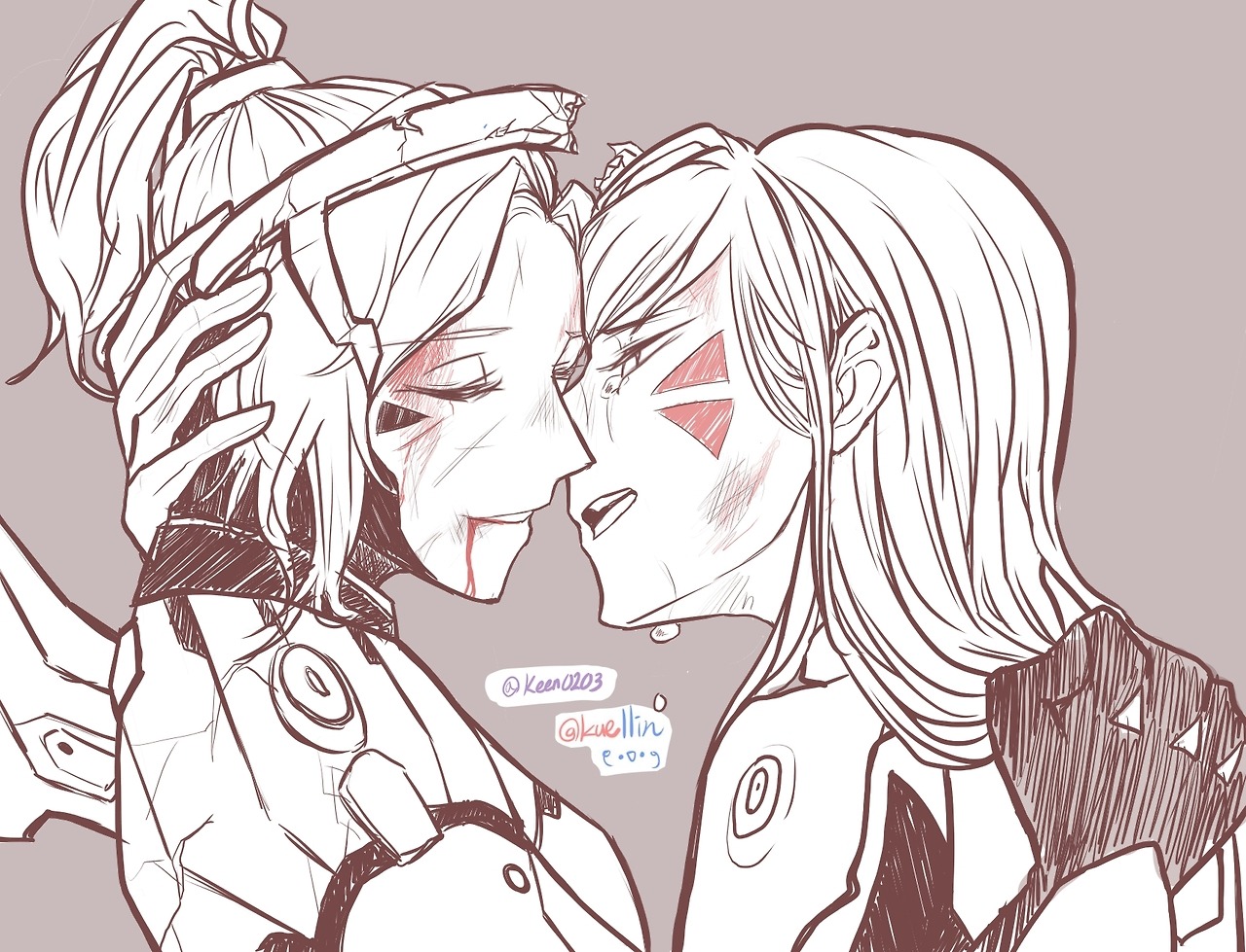 d.va (overwatch), mercy (overwatch), overwatch, overwatch 1, 2girls, beaten, blood, blood on face, crying, long hair, multiple girls, ponytail, servadakin, wounds, yuri