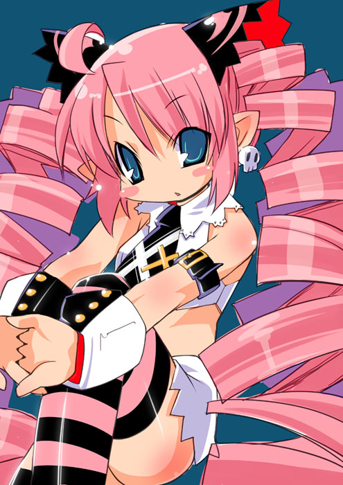 zankuro, esmerelda, saint october, 00s, 1girl, ahoge, aqua eyes, blue background, blush stickers, body blush, drill hair, earrings, female focus, interlocked fingers, jewelry, long hair, looking at viewer, own hands together, pink hair, pointy ears, simple background, sitting, skull, solo, striped clothes, striped thighhighs, thighhighs, very long hair