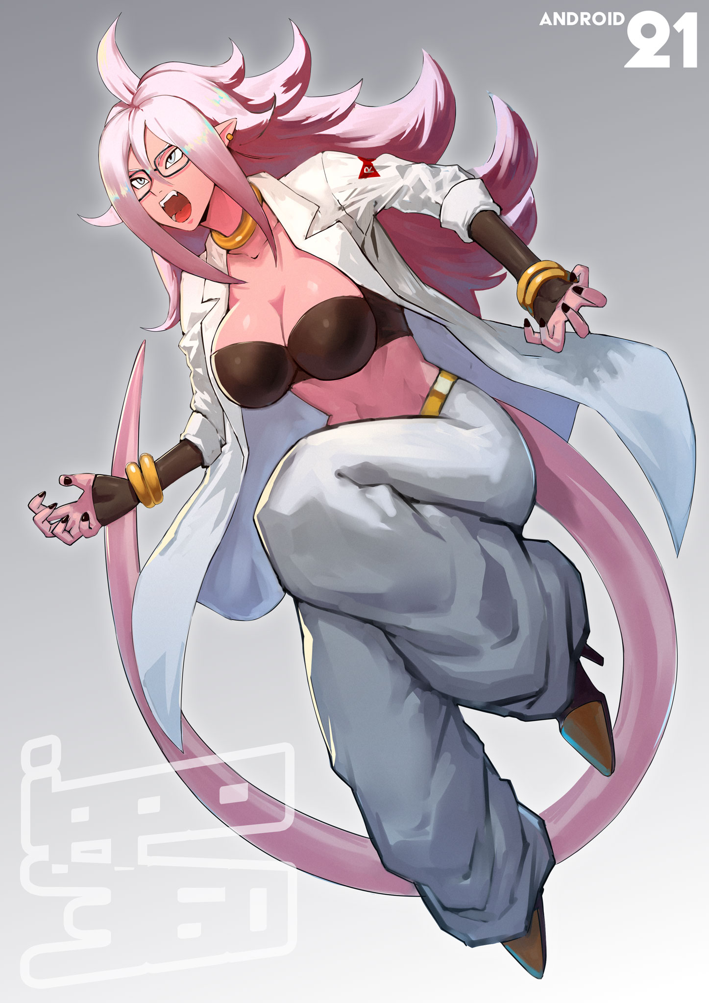 ippo, android 21, majin android 21, dragon ball, dragon ball fighterz, highres, 1girl, bracelet, breasts, cleavage, colored skin, ear piercing, fangs, female focus, full body, glasses, grey eyes, jewelry, lab coat, large breasts, long hair, nail polish, piercing, pink hair, pink skin, pointy ears, solo, tail