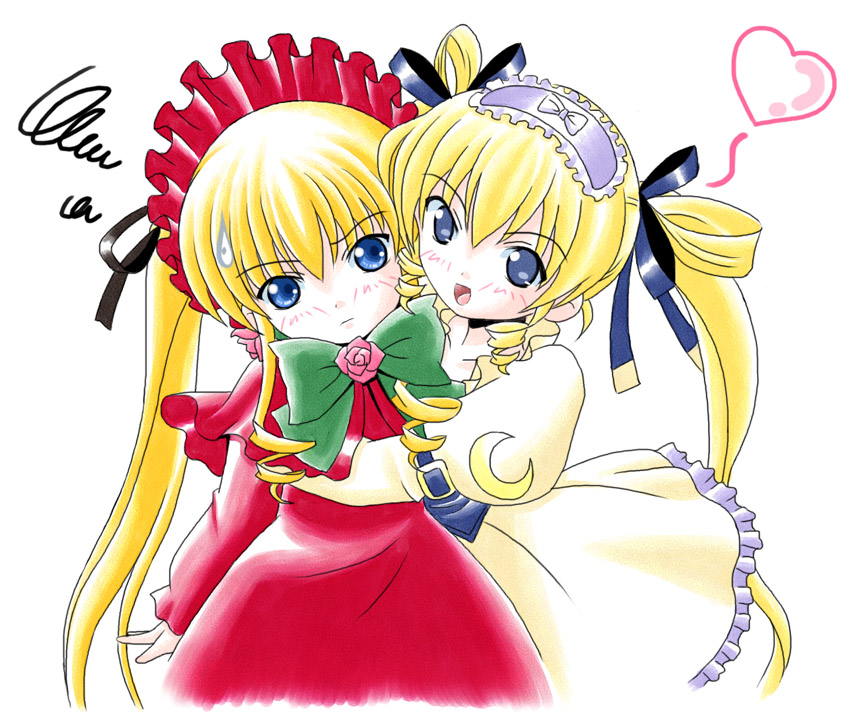 imai kazunari, shinku, shirafuji natsuki, rozen maiden, saint october, 00s, 2girls, :d, annoyed, blonde hair, bonnet, crescent, crossover, dress, drill hair, head tilt, heart, hug, look-alike, looking at viewer, multiple girls, open mouth, red dress, sidelocks, simple background, smile, squiggle, twin drills, twintails, upper body, white background, white dress, yuri
