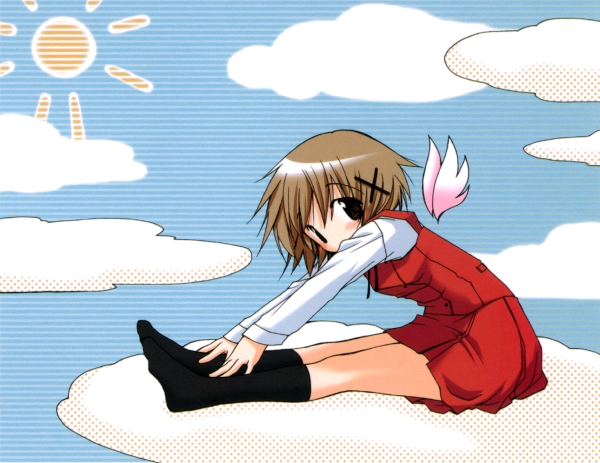 aoki ume, yuno (hidamari sketch), hidamari sketch, 00s, 1girl, black socks, brown eyes, brown hair, cloud, day, female focus, hair ornament, hairclip, kneehighs, looking at viewer, school uniform, short hair, skirt, sky, socks, solo, sun, thighhighs, wings, yamabuki high school uniform