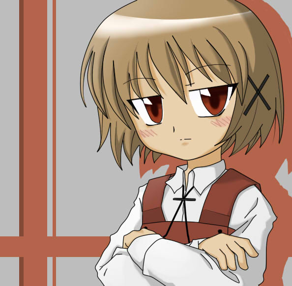 yuno (hidamari sketch), hidamari sketch, 00s, 1girl, blush, crossed arms, expressionless, female focus, hair ornament, long sleeves, looking at viewer, red eyes, school uniform, short hair, solo, upper body, x hair ornament, yamabuki high school uniform