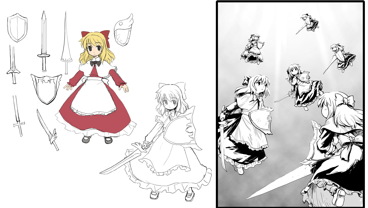 haniwa, haniwa (leaf garden), shanghai doll, touhou, 1girl, apron, black border, black bow, black bowtie, black eyes, blonde hair, bobby socks, border, bow, bowtie, capelet, comic, doll, dress, female focus, frilled apron, frilled dress, frills, full body, hair bow, lance, long hair, long sleeves, monochrome, multiple views, partially colored, polearm, red bow, red dress, reference sheet, shield, socks, standing, sword, weapon, white apron, white bow