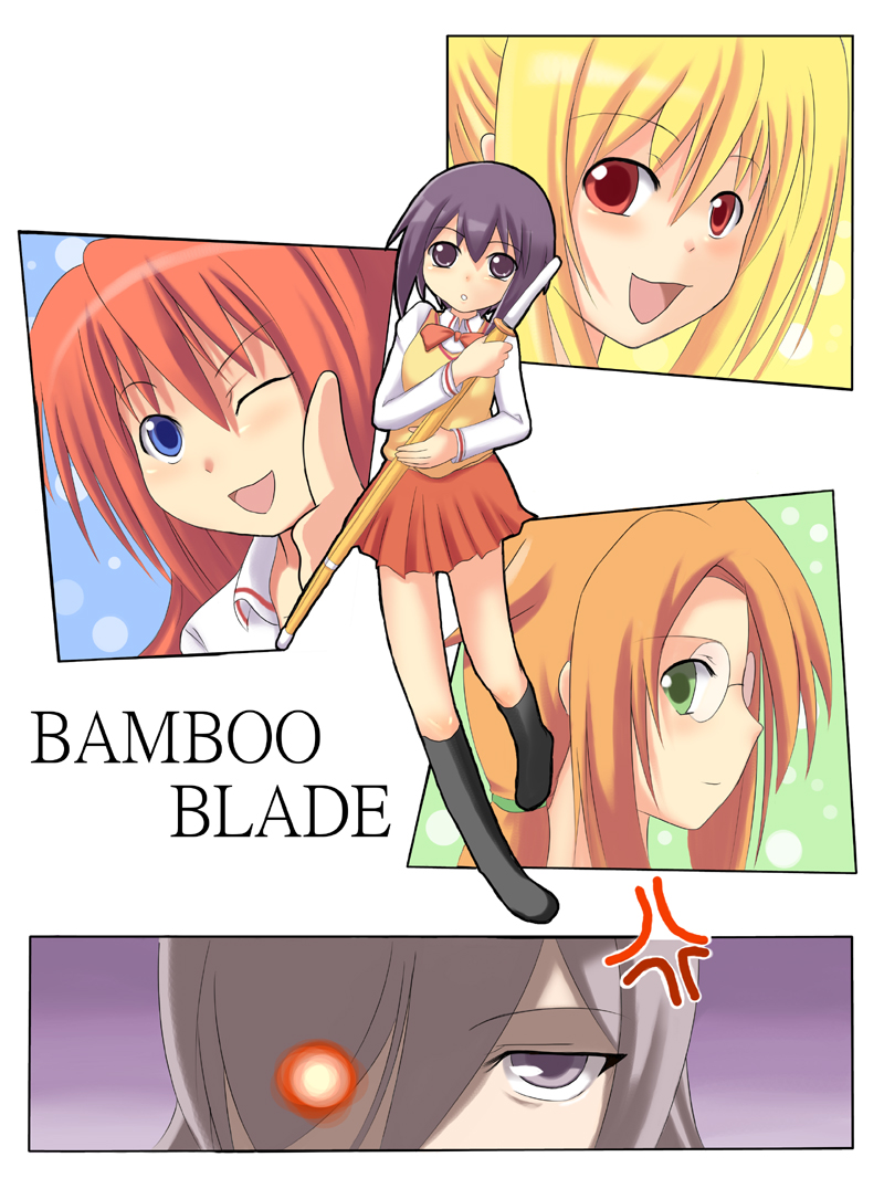 towamin, azuma satori, chiba kirino, kawazoe tamaki, kuwahara sayako, kuwahara sayoko, miyazaki miyako, bamboo blade, 00s, 5girls, blonde hair, blue eyes, bow, dress shirt, glasses, green eyes, grey hair, hair over one eye, kneehighs, long hair, multiple girls, one eye closed, open mouth, orange hair, pleated skirt, ponytail, purple eyes, purple hair, red eyes, red hair, school uniform, shirt, skirt, socks, wink