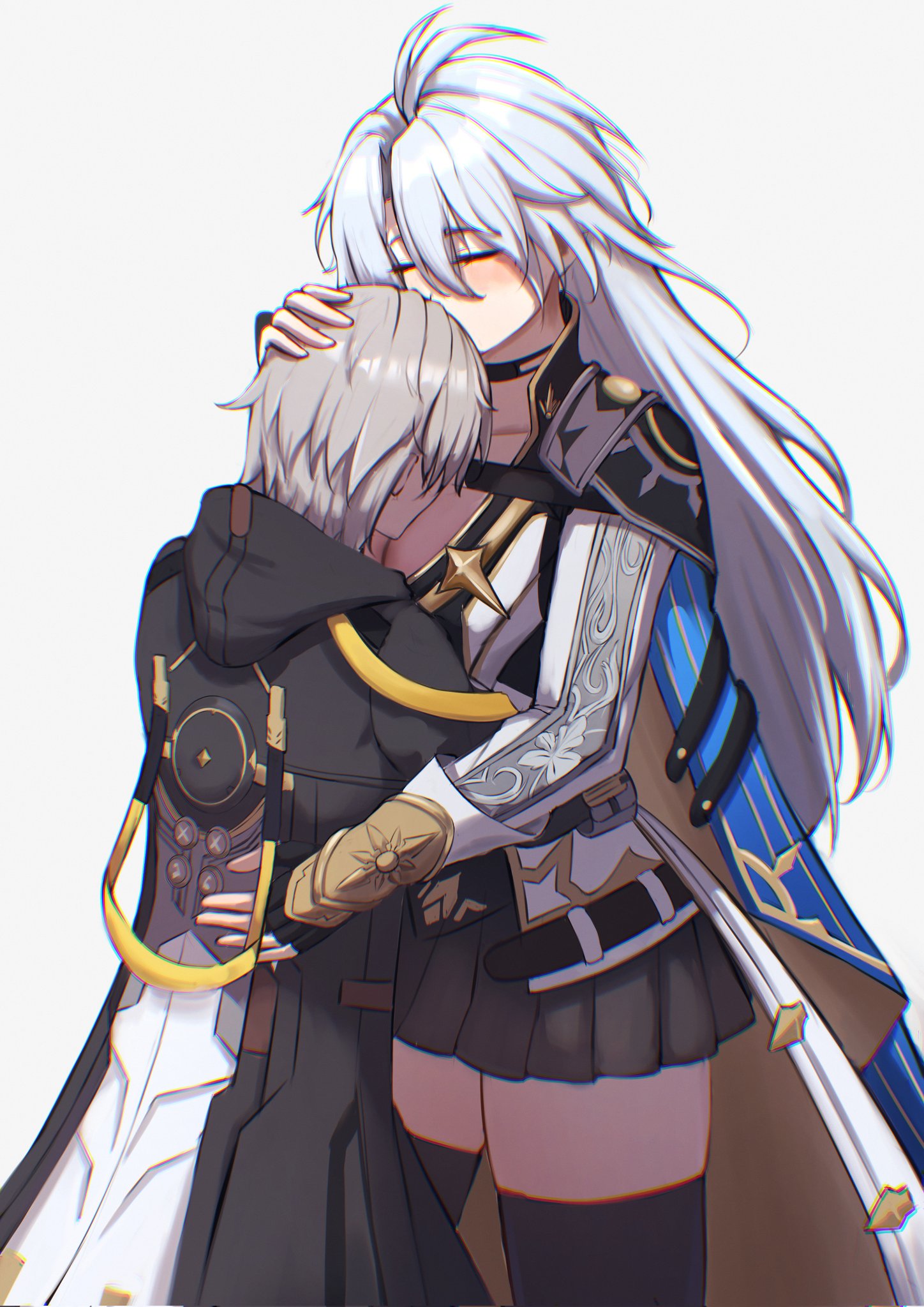 caelus (honkai: star rail), phainon (honkai: star rail), trailblazer (honkai: star rail), honkai: star rail, honkai (series), highres, 1boy, 1girl, aperson4189923, black coat, black gloves, breasts, cleavage, closed eyes, coat, fingerless gloves, genderswap, genderswap (mtf), gloves, grey hair, hug, skirt