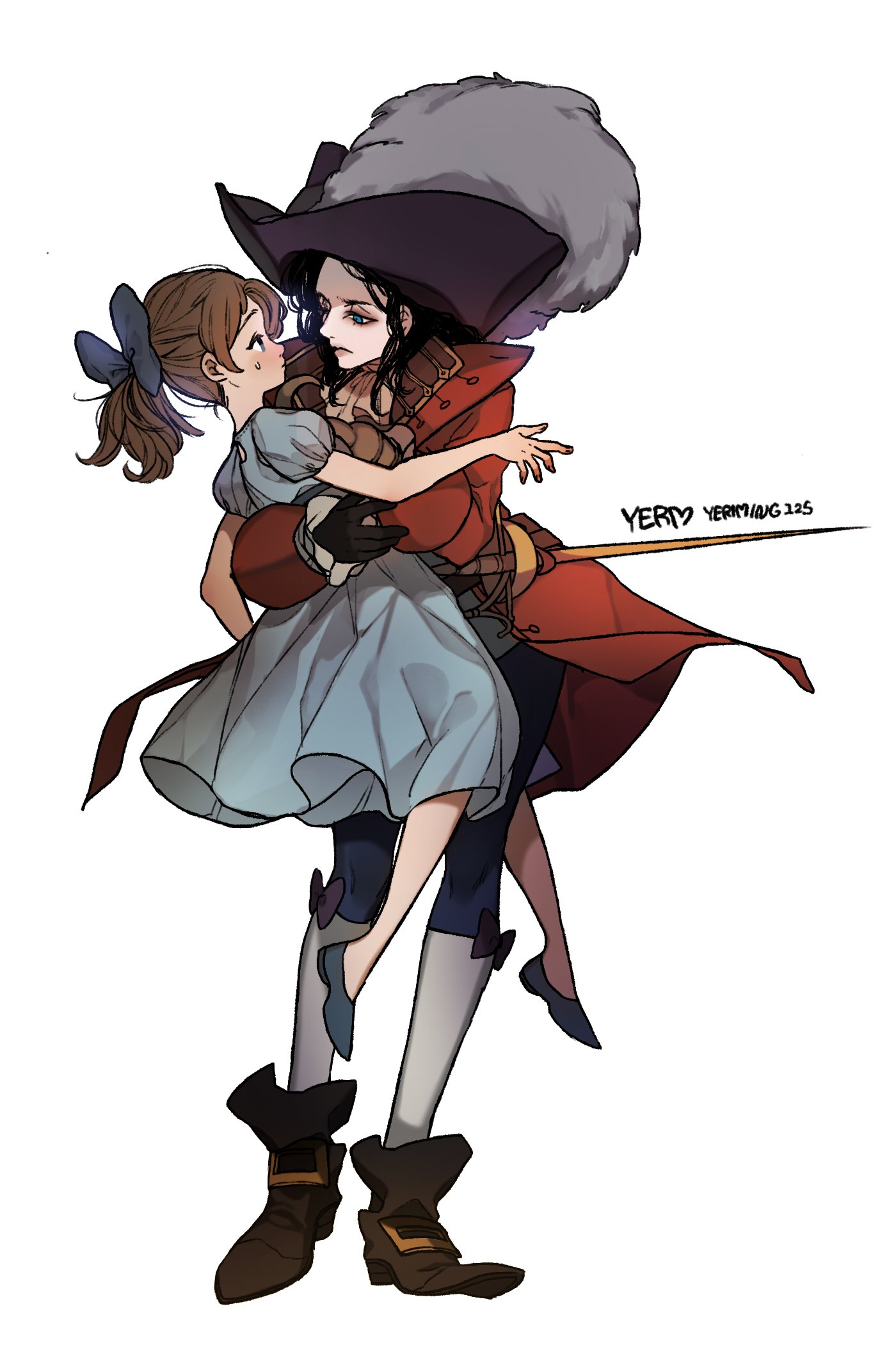 yerm, captain hook, wendy darling, walt disney's peter pan, commentary request, highres, 1boy, 1girl, ankle boots, artist name, ascot, bare arms, black gloves, black hair, blue bow, blue dress, blue eyes, blue pants, blue shoes, blush, boots, bow, brown hair, coat, dress, flats, full body, gloves, hair bow, hat, hook hand, jacket, kneehighs, lapels, lifting person, looking at another, medium dress, medium hair, pants, pirate hat, plume, puffy short sleeves, puffy sleeves, rapier, red coat, ribbon trim, shoes, short sleeves, simple background, single glove, small sweatdrop, socks, sword, weapon, white background, white socks