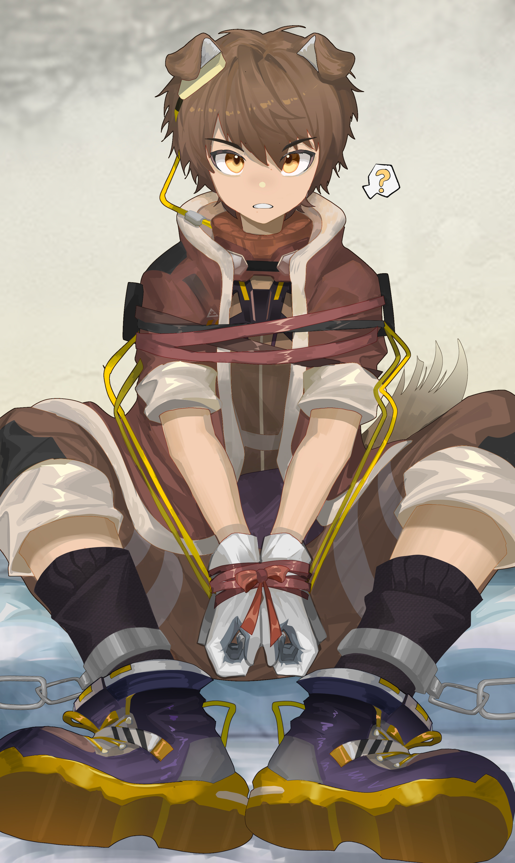 birchboat, greyy (arknights), greyy the lightningbearer (arknights), arknights, absurdres, highres, 1boy, ?, animal ears, bdsm, black socks, bondage, bound, bound wrists, brown jacket, brown pants, clenched teeth, cuffs, dog boy, dog ears, dog tail, goggles, goggles around neck, jacket, pants, parted lips, shackles, shoe soles, shoes, short-sleeved jacket, short sleeves, socks, tail, teeth, tube