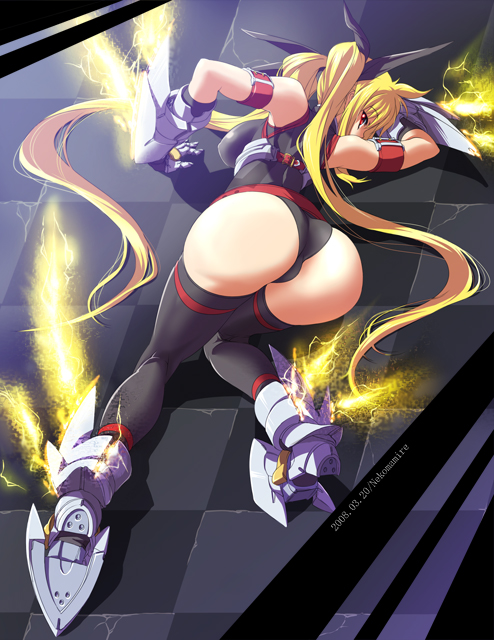 nekomamire, fate testarossa, fate testarossa (true sonic form), lyrical nanoha, mahou shoujo lyrical nanoha, mahou shoujo lyrical nanoha strikers, 00s, 1girl, ass, blonde hair, female focus, kneepits, looking back, red eyes, solo, thighhighs, twintails