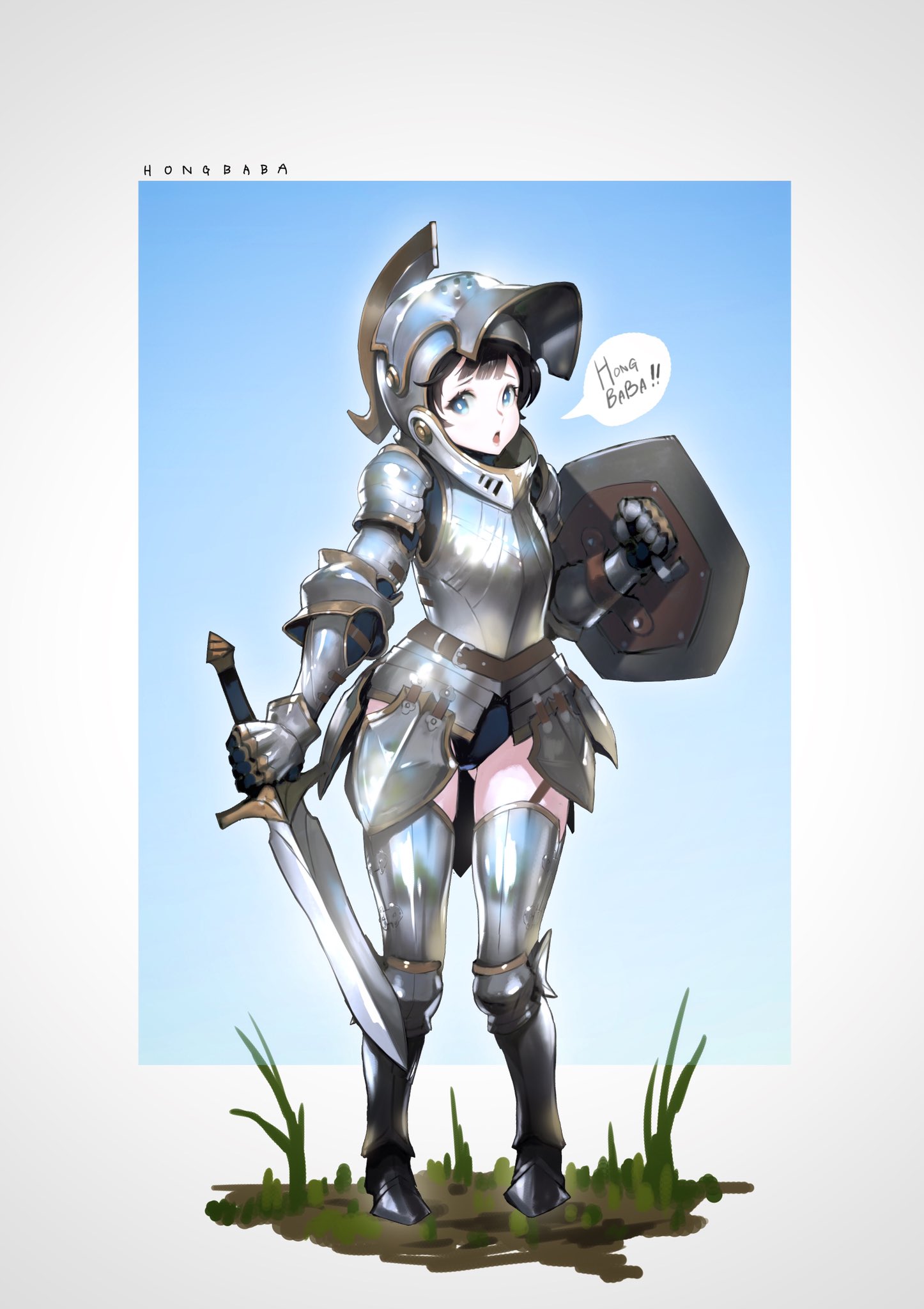hong soon-jae, original, highres, 1girl, armor, artist name, black hair, blue eyes, breastplate, cuisses, eyelashes, full body, gauntlets, greaves, helmet, holding, holding shield, holding sword, holding weapon, knight, plate armor, shield, shoulder armor, solo, speech bubble, sword, thighhighs, thighs, weapon, zettai ryouiki