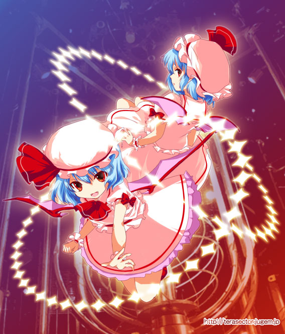 omuni, remilia scarlet, touhou, 2girls, bat wings, blue hair, clone, danmaku, fangs, female focus, flying, multiple girls, open mouth, outstretched arm, reaching, red eyes, short hair, smile, wings, wrist cuffs
