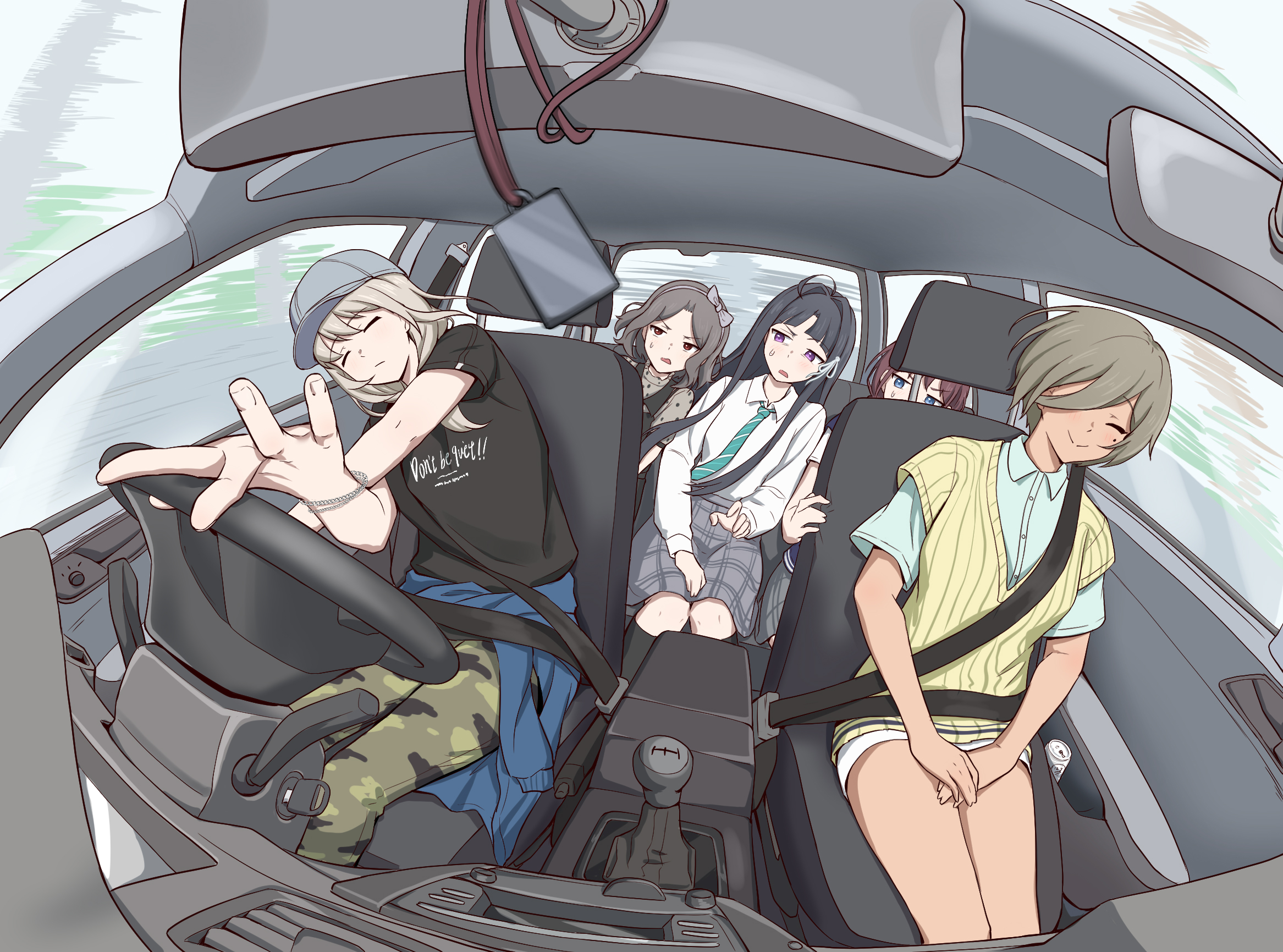 anglediana, awa subaru, ebizuka tomo, iseri nina, kawaragi momoka, rupa (girls band cry), girls band cry, chinese commentary, commentary request, highres, 5girls, black hair, black shirt, blonde hair, car, car interior, closed eyes, dark-skinned female, dark skin, driving, fisheye, foreshortening, greyscale, long hair, looking at another, mole, mole under eye, monochrome, motor vehicle, multiple girls, plaid clothes, plaid skirt, purple eyes, shirt, sitting, skirt, smile, togenashi togeari, white shirt
