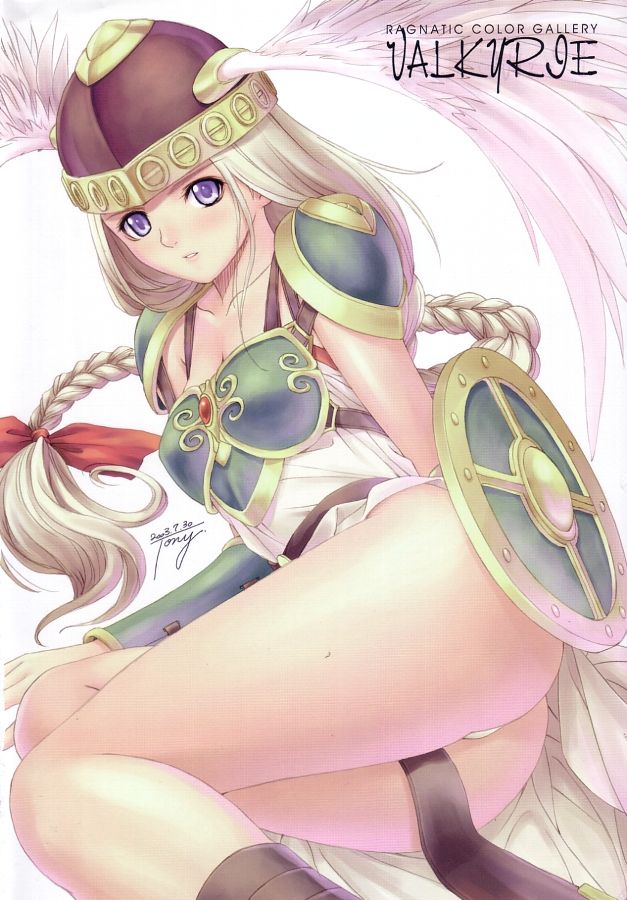tony taka, valkyrie (vnd), namco, valkyrie no densetsu, 1girl, armor, ass, blonde hair, braid, collarbone, female focus, green armor, knees, legs, long hair, long legs, purple eyes, solo, thighs, valkyrie, white background