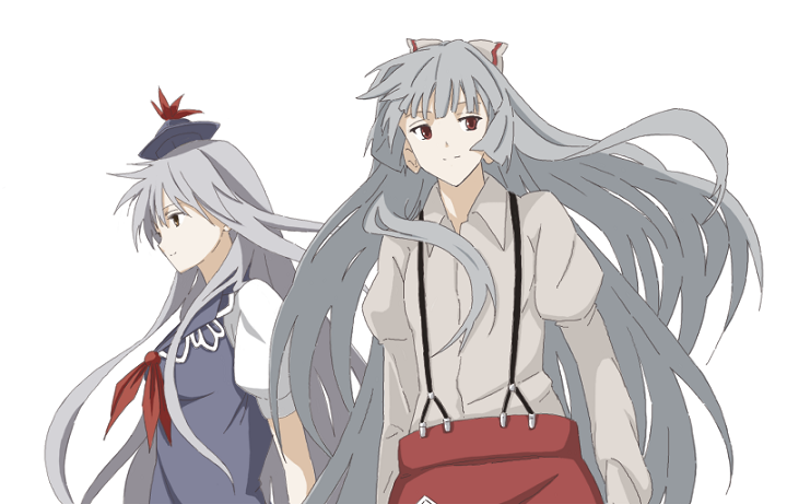 kajiki, fujiwara no mokou, kamishirasawa keine, touhou, bad id, bad pixiv id, 2girls, female focus, long hair, multiple girls, very long hair, white hair