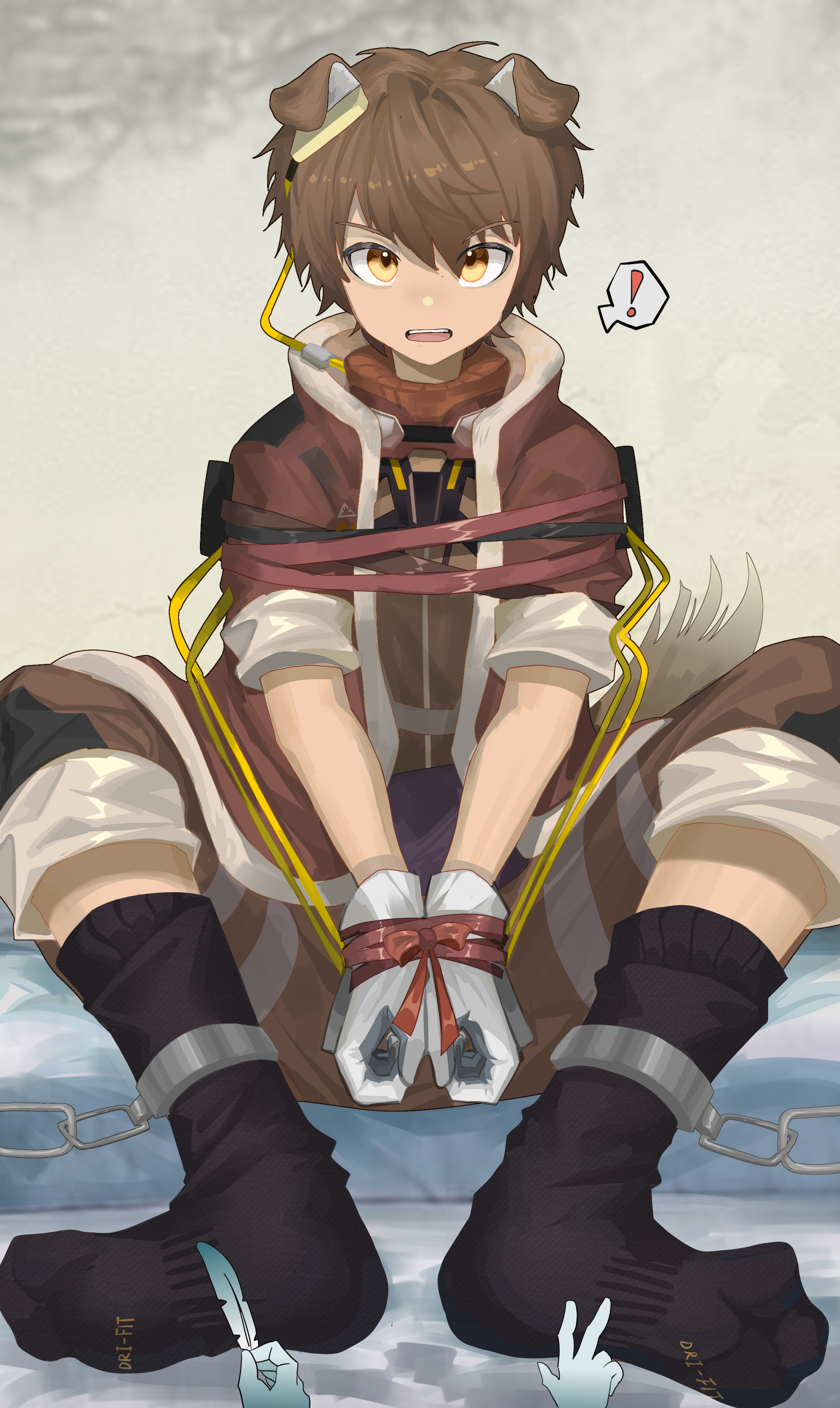 birchboat, greyy (arknights), greyy the lightningbearer (arknights), arknights, absurdres, highres, !, 1boy, animal ears, bdsm, black socks, bondage, bound, bound wrists, brown jacket, brown pants, cuffs, dog boy, dog ears, dog tail, goggles, goggles around neck, jacket, no shoes, pants, parted lips, shackles, short-sleeved jacket, short sleeves, socks, surprised, tail, teeth, tickling, tickling feet, tube, upper teeth only, yellow eyes