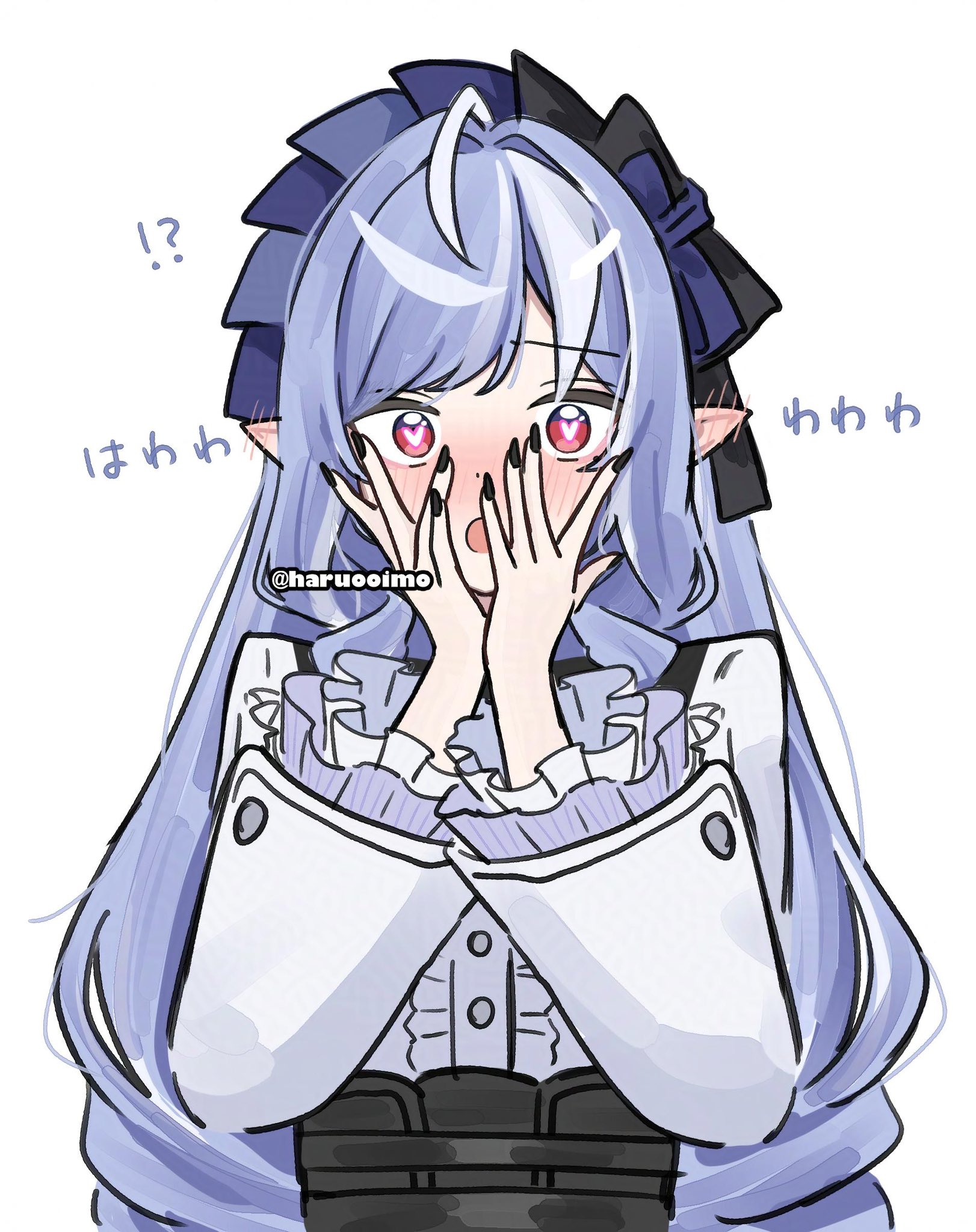 haruo (haruooimo), vivian banshee, zenless zone zero, highres, black nails, blush, covering face, frilled sleeves, frills, heart, heart in eye, long hair, mole, mole under eye, pointy ears, purple hair, red eyes, symbol in eye, white background
