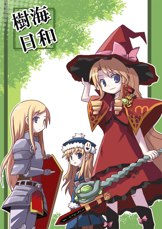 dorua (dollar), doctor magus, doctor magus 4, gunner (sekaiju), gunner 2 (sekaiju), jack frost (megami tensei), paladin (sekaiju), paladin 2 (sekaiju), atlus, etrian odyssey, 3girls, blonde hair, bow, hat, long hair, multiple girls, pink bow, shield, staff, sword, weapon