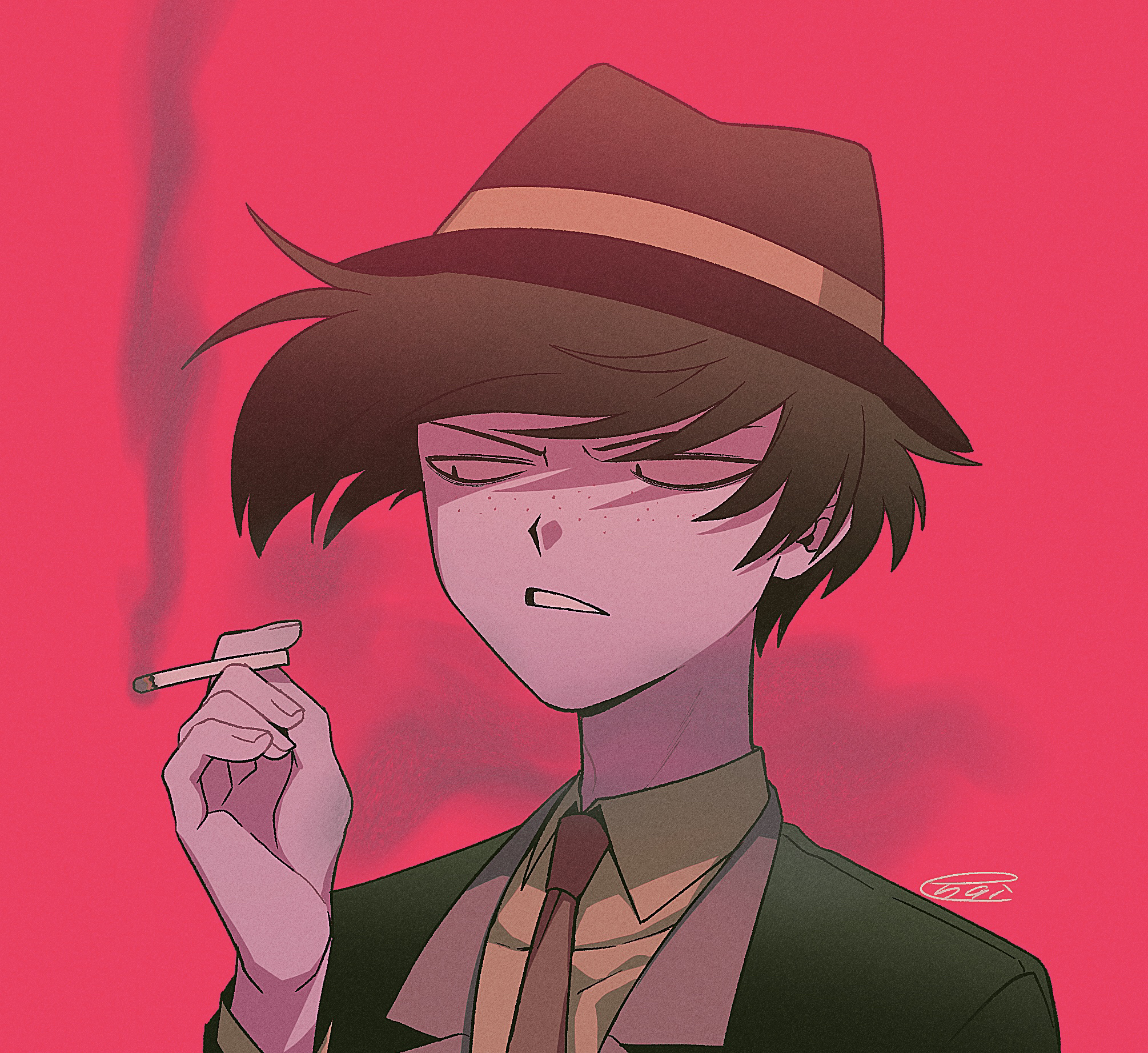 menma (enaic31), arackniss, hazbin hotel, hellaverse, commentary request, highres, 1boy, black eyes, black hair, black hat, black jacket, chromatic aberration, cigarette, clenched teeth, collared shirt, fedora, film grain, fingernails, hand up, hat, holding, holding cigarette, humanization, jacket, lapels, long sleeves, looking to the side, male focus, necktie, notched lapels, portrait, red background, red necktie, shirt, short hair, signature, simple background, smoke, solo, swept bangs, teeth, v-shaped eyebrows, white shirt