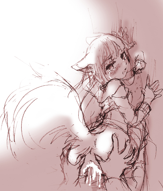 ikuta takanon, holo, spice and wolf, ass grab, 00s, 1girl, ass, cum, from behind, looking back, monochrome, penis, sex, sketch, solo, solo focus, tears, vaginal