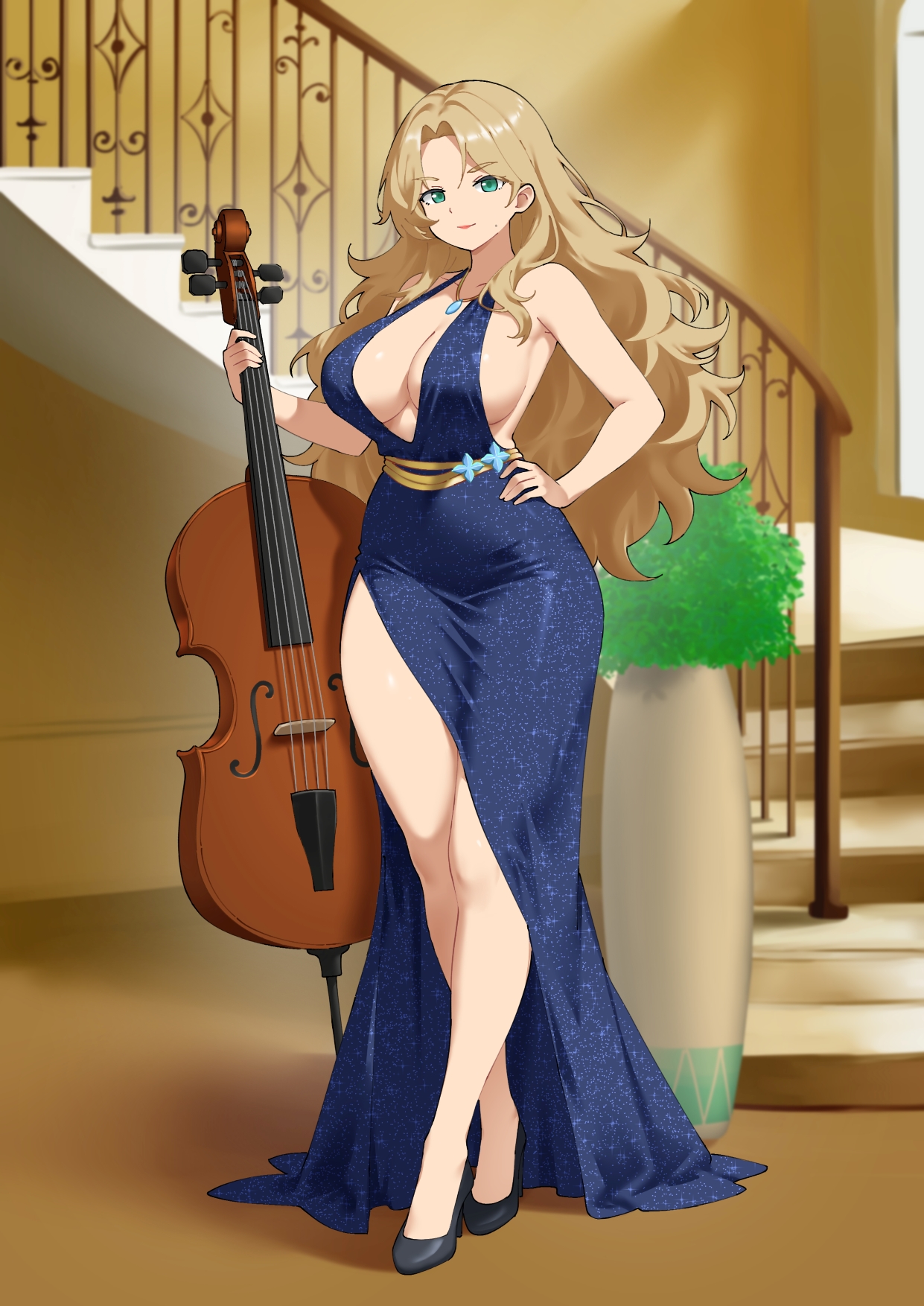 parallelrey, vanguard (azur lane), azur lane, highres, 1girl, bare legs, black shoes, blonde hair, blue dress, breasts, cello, closed mouth, dress, evening gown, formal clothes, full body, glitter dress, green eyes, hand on own hip, high heels, holding, holding instrument, indoors, instrument, jewelry, large breasts, long dress, long hair, looking at viewer, necklace, no bra, pumps, shoes, side slit, solo, stairs, standing