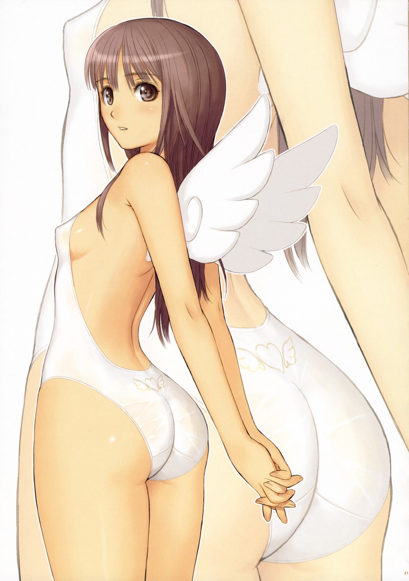 tony taka, hayate no gotoku!, highres, non-web source, scan, 00s, 1girl, angel wings, arms behind back, ass, back, blush, breasts, brown eyes, brown hair, casual one-piece swimsuit, covered erect nipples, female focus, from behind, grey eyes, grey hair, long hair, looking back, one-piece swimsuit, own hands clasped, own hands together, sideboob, small breasts, solo, swimsuit, thighs, white one-piece swimsuit, wings, zoom layer