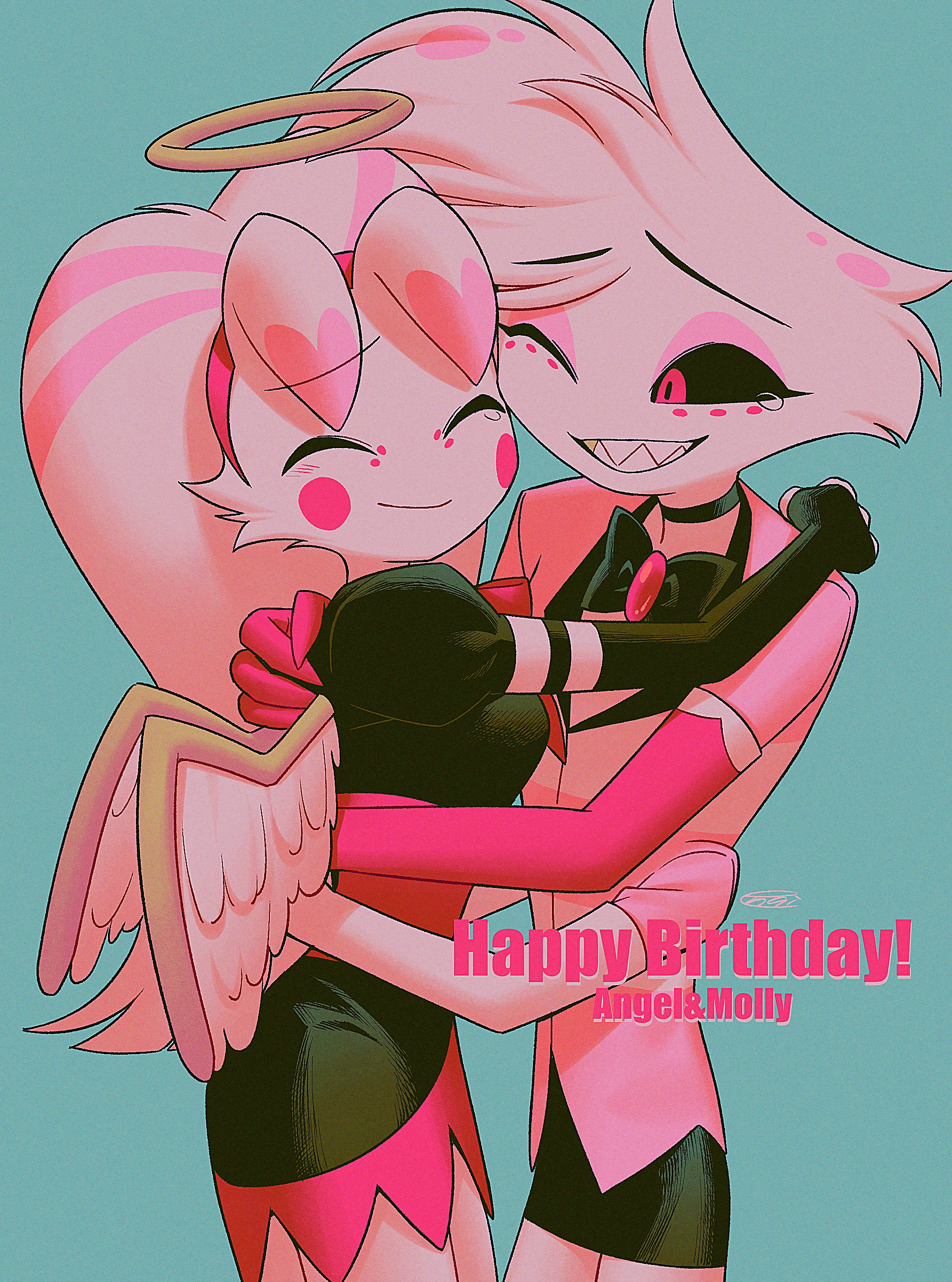 menma (enaic31), angel dust, molly (hazbin hotel), hazbin hotel, hellaverse, absurdres, commentary request, highres, 1boy, 1girl, ;d, ^ ^, aqua background, black bow, black bowtie, black choker, black sclera, black skirt, bow, bowtie, brother and sister, character name, cheek-to-cheek, choker, chromatic aberration, circle facial mark, closed eyes, closed mouth, colored sclera, cowboy shot, dress, extra arms, extra legs, eyeshadow, facing another, feathered wings, fewer digits, film grain, frilled dress, frills, gloves, grin, hairband, halo, happy birthday, heads together, horns, hug, juliet sleeves, long hair, long sleeves, looking at another, makeup, miniskirt, one eye closed, open mouth, pencil skirt, pink bow, pink bowtie, pink eyes, pink eyeshadow, pink gloves, pink hairband, pink shirt, puffy sleeves, raised inner eyebrows, sharp teeth, shirt, short dress, siblings, signature, simple background, skirt, smile, standing, striped clothes, striped shirt, tearing up, teeth, three-quarter sleeves, traditional bowtie, twins, two-tone shirt, two-tone wings, very long hair, white fur, white gloves, white shirt, white wings, wings, yellow halo, yellow wings