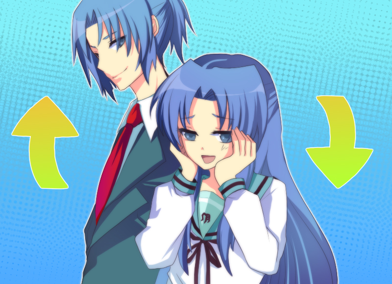harano, asakura ryo, asakura ryoko, suzumiya haruhi no yuuutsu, bad id, bad pixiv id, 00s, 1boy, 1girl, blue sailor collar, dual persona, genderswap, genderswap (ftm), half updo, kita high school uniform, sailor collar, school uniform, serafuku