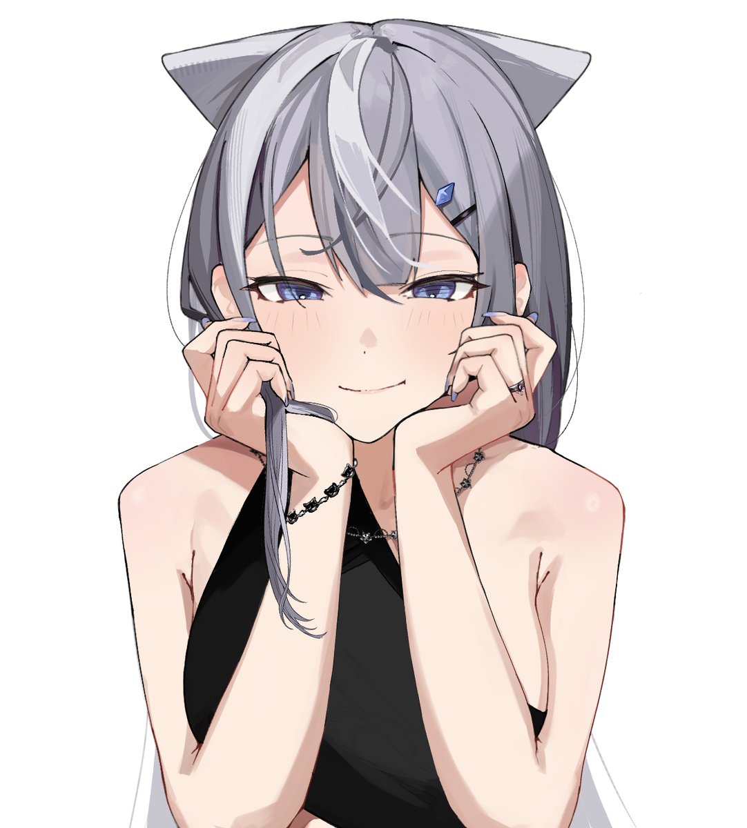 ku roiko, vestia zeta, hololive, hololive indonesia, commentary, highres, 1girl, alternate costume, animal ears, bare shoulders, black dress, blue eyes, bracelet, cat ears, center-flap bangs, double-parted bangs, dress, extra ears, grey hair, hair ornament, hairclip, hands on own face, jewelry, long hair, looking at viewer, necklace, simple background, single-shoulder dress, single sidelock, sleeveless, sleeveless dress, smile, solo, straight-on, upper body, virtual youtuber, white background