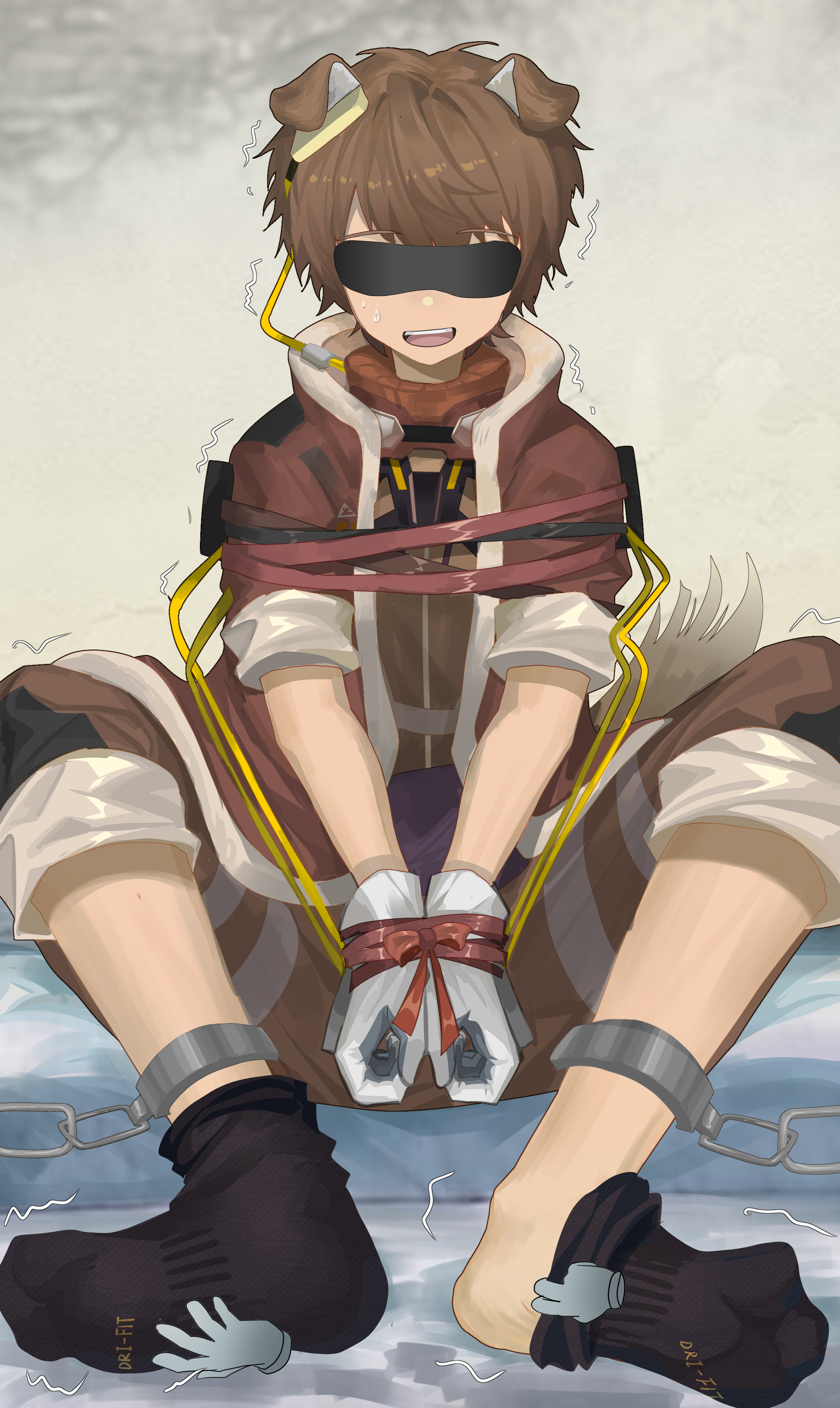 birchboat, greyy (arknights), greyy the lightningbearer (arknights), arknights, absurdres, highres, 1boy, animal ears, bdsm, black socks, blindfold, bondage, bound, bound wrists, brown jacket, brown pants, cuffs, dog boy, dog ears, dog tail, goggles, goggles around neck, jacket, laughing, male focus, no shoes, pants, parted lips, removing sock, shackles, short-sleeved jacket, short sleeves, socks, sweatdrop, tail, teeth, tickling, tickling feet, trembling, tube, upper teeth only