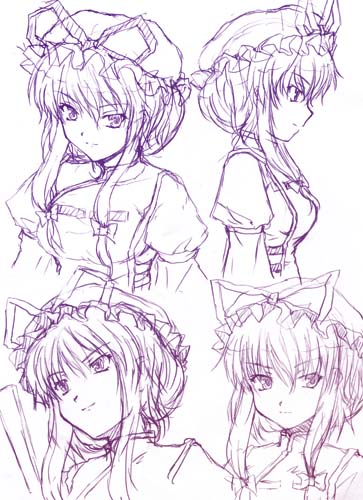 tsuyadashi shuuji, yakumo yukari, touhou, lowres, 1girl, female focus, monochrome, purple theme, sketch