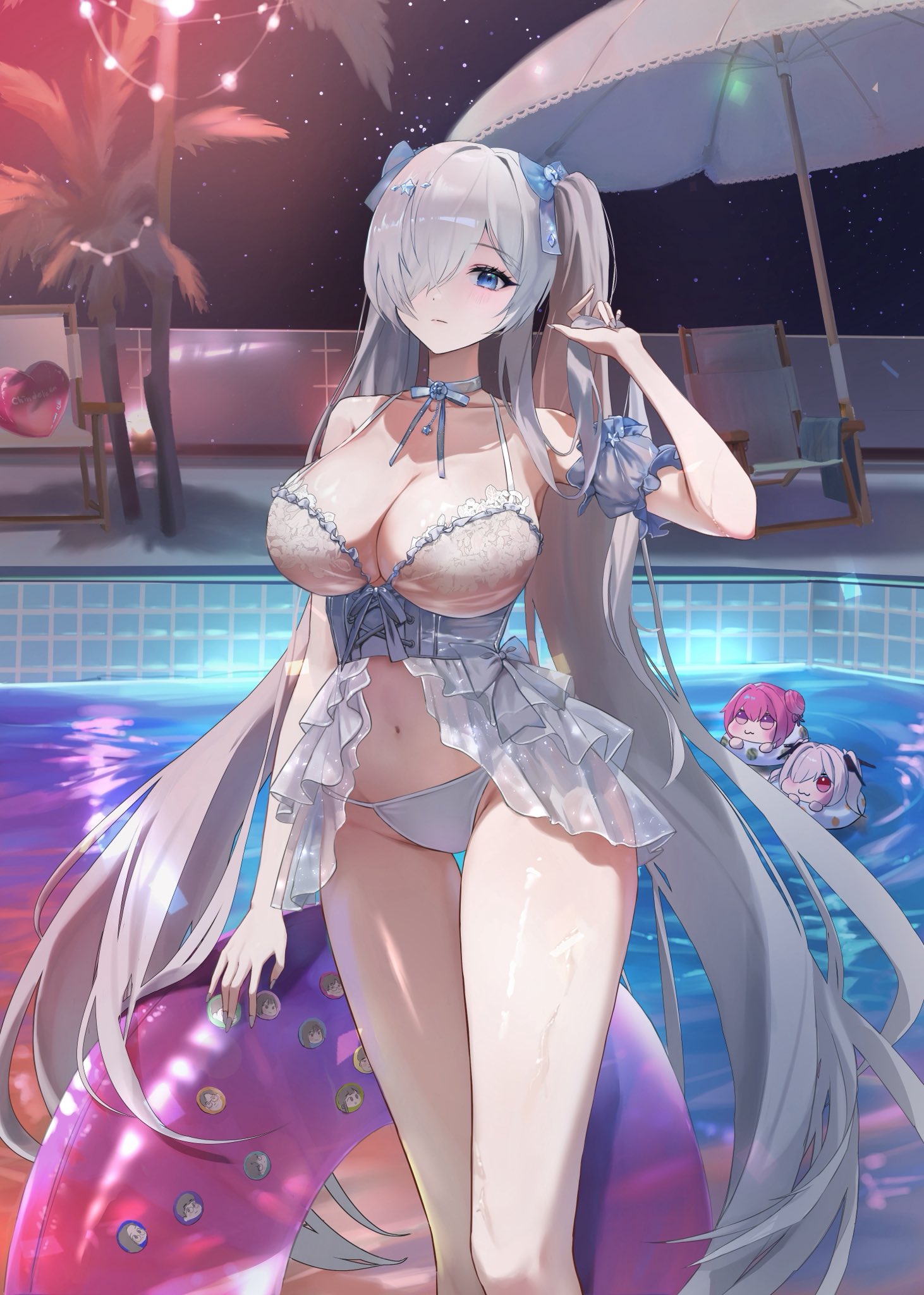 cinderella (glass princess) (nikke), cinderella (nikke), doro (nikke), goddess of victory: nikke, highres, beach umbrella, blue eyes, breasts, chair, cleavage, corset, doga gyul, hair ornament, hair over one eye, innertube, large breasts, looking at viewer, navel, night, night sky, panties, pool, see-through clothes, sky, standing, swim ring, thighs, umbrella, underwear