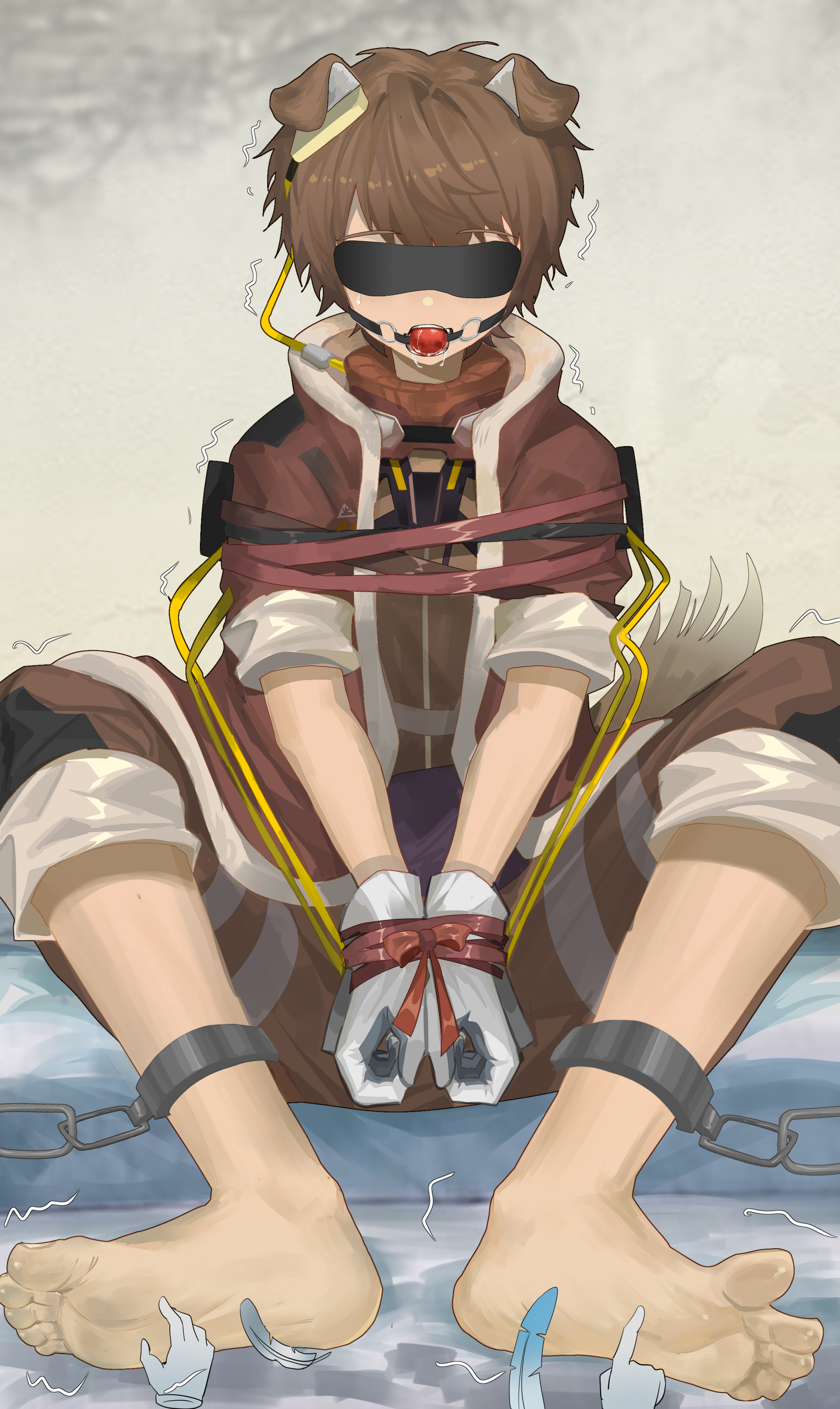birchboat, greyy (arknights), greyy the lightningbearer (arknights), arknights, absurdres, highres, 1boy, animal ears, barefoot, bdsm, blindfold, bondage, bound, bound wrists, brown jacket, brown pants, cuffs, dog boy, dog ears, dog tail, gagged, goggles, goggles around neck, jacket, male focus, no shoes, pants, parted lips, saliva, shackles, short-sleeved jacket, short sleeves, soles, sweatdrop, tail, teeth, tickling, tickling feet, trembling, tube