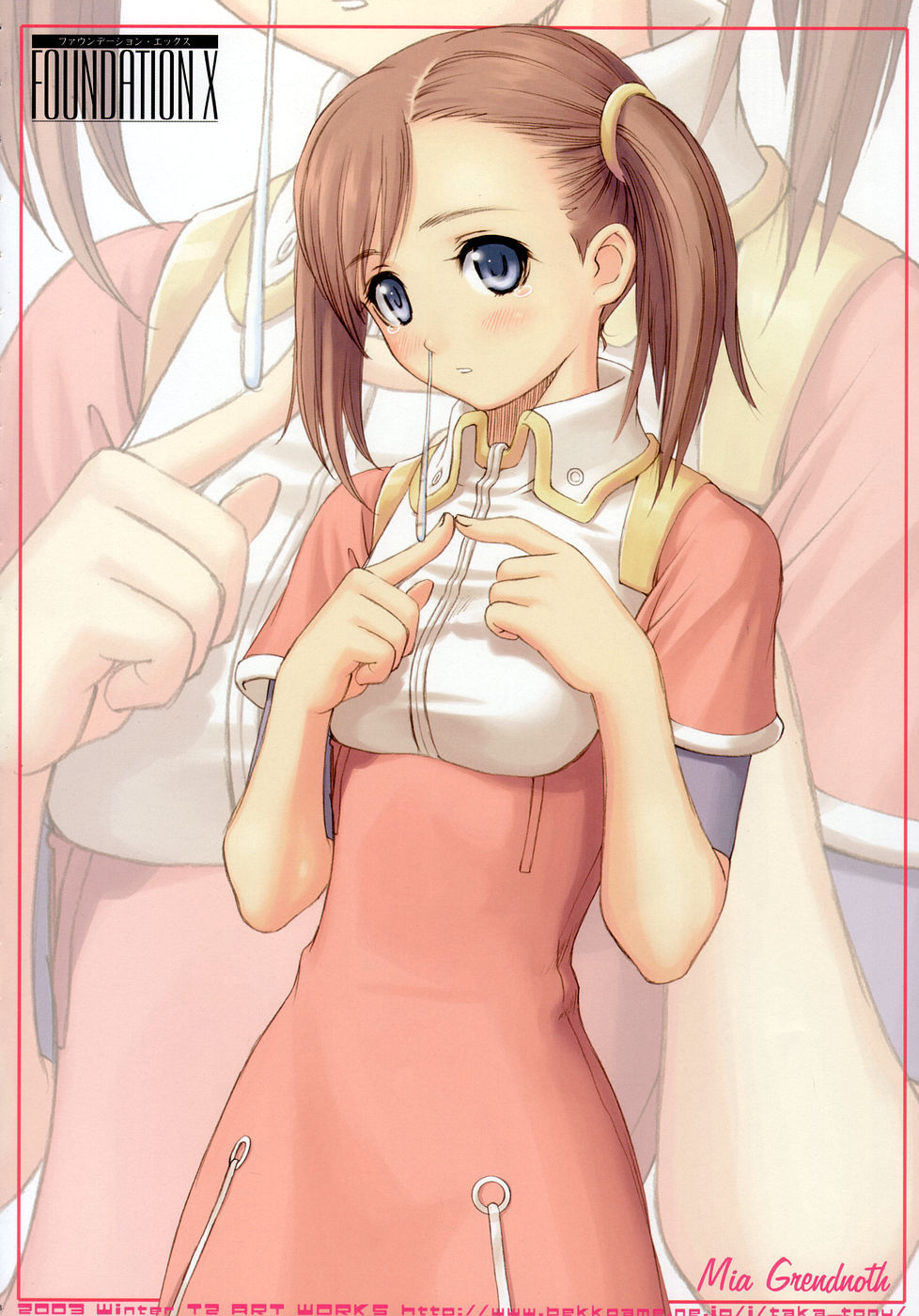 tony taka, mia glennorth, uchuu no stellvia, highres, 00s, 1girl, blush, border, breasts, character name, cowboy shot, dress, female focus, fidgeting, head tilt, index fingers together, looking at viewer, medium breasts, pink border, pink dress, purple eyes, red hair, short sleeves, short twintails, snot, solo, standing, tareme, teardrop, tears, twintails, upper body, wing collar, zoom layer