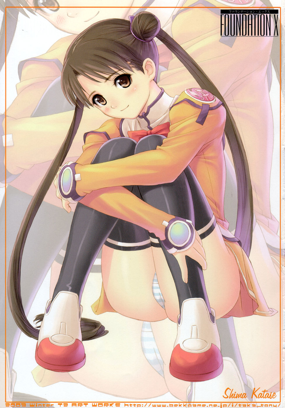 tony taka, katase shima, uchuu no stellvia, highres, 00s, 1girl, brown eyes, brown hair, female focus, orange shirt, panties, pantyshot, shirt, solo, striped clothes, striped panties, thighhighs, thighs, twintails, underwear