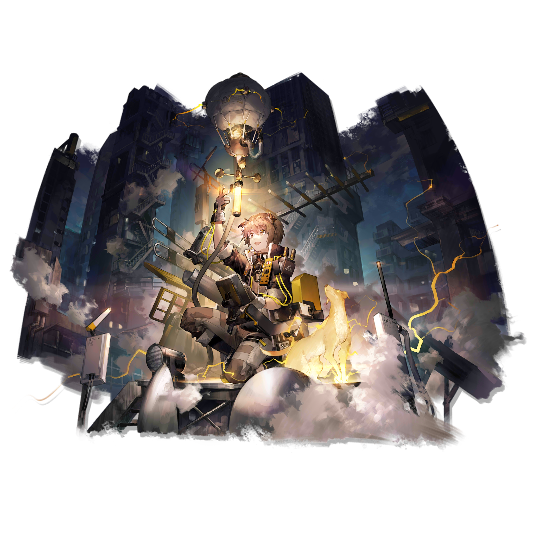 scorpion5050, greyy (arknights), greyy the lightningbearer (arknights), arknights, bad link, highres, official art, 1boy, animal ears, arm up, black socks, brown hair, brown jacket, brown pants, device, dog boy, dog ears, electricity, electrokinesis, gloves, goggles, goggles around neck, industrial pipe, jacket, lamp, machine, male focus, on one knee, pants, short-sleeved jacket, short hair, short sleeves, smile, socks, squatting, tube, weapon, weapon on back, white gloves, yellow eyes