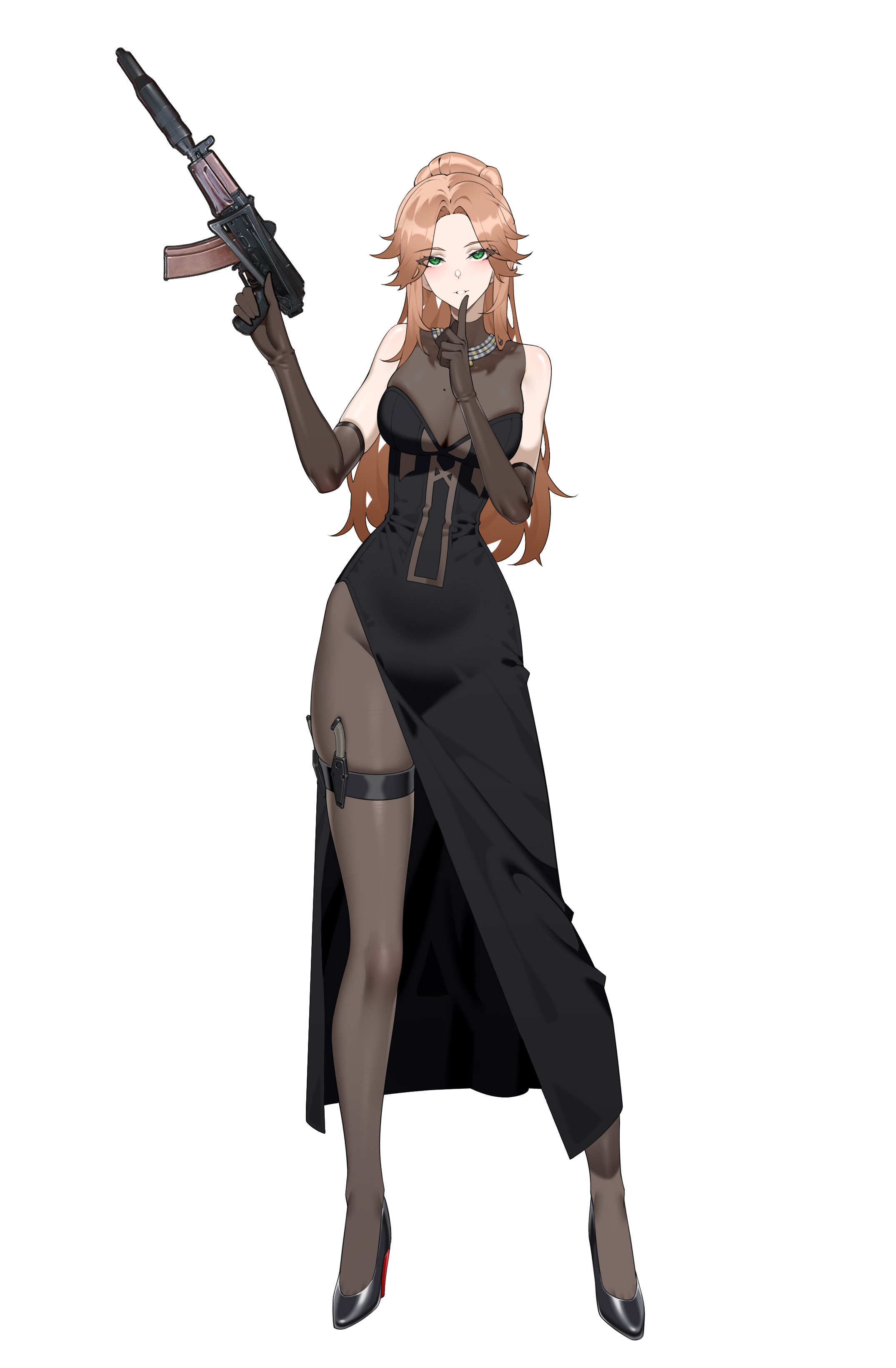 wsfw, original, absurdres, chinese commentary, highres, 1girl, aks-74u, assault rifle, bare shoulders, black dress, black pantyhose, black shoes, breasts, brown hair, cleavage, curtained hair, dress, elbow gloves, finger to mouth, forehead, full body, gloves, green eyes, gun, high heels, holding, holding gun, holding weapon, index finger raised, jewelry, kalashnikov rifle, knife, large breasts, legs apart, long hair, looking at viewer, mole, mole on breast, necklace, orange hair, pantyhose, rifle, shoes, side slit, simple background, solo, standing, suppressor, thigh strap, weapon, white background