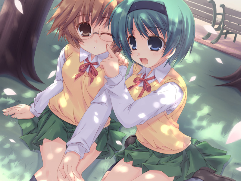 moriguchi yuu, yamada michiru, yoshioka chie, to heart (series), to heart 2, 00s, 2girls, blue eyes, breasts, brown eyes, brown hair, dappled sunlight, dress shirt, green hair, hairband, kneehighs, multiple girls, open mouth, pleated skirt, ribbon, school uniform, serafuku, shirt, short hair, sitting, skirt, socks, sunlight, vest, wince