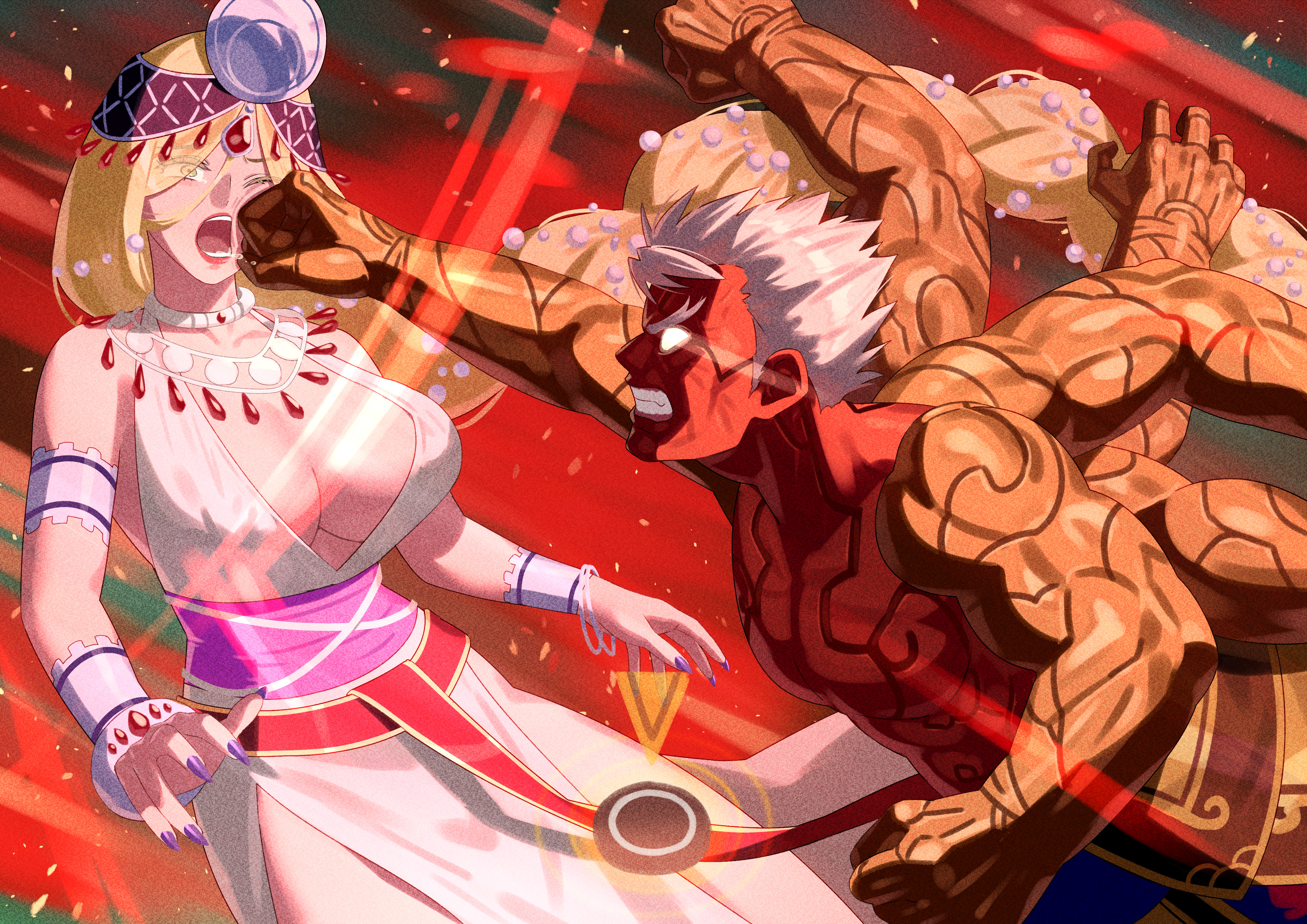 yagi2013, asura (asura's wrath), asura's wrath, tsuki ga michibiku isekai douchuu, absurdres, commission, highres, pixiv commission, 1boy, 1girl, angry, bare pectorals, berserker rage, blonde hair, button prompt, crossover, extra arms, face punch, facial mark, in the face, jewelry, mixed-sex combat, muscular, nail polish, no pupils, pectorals, punching, ryona, scene reference, spiked hair, white hair