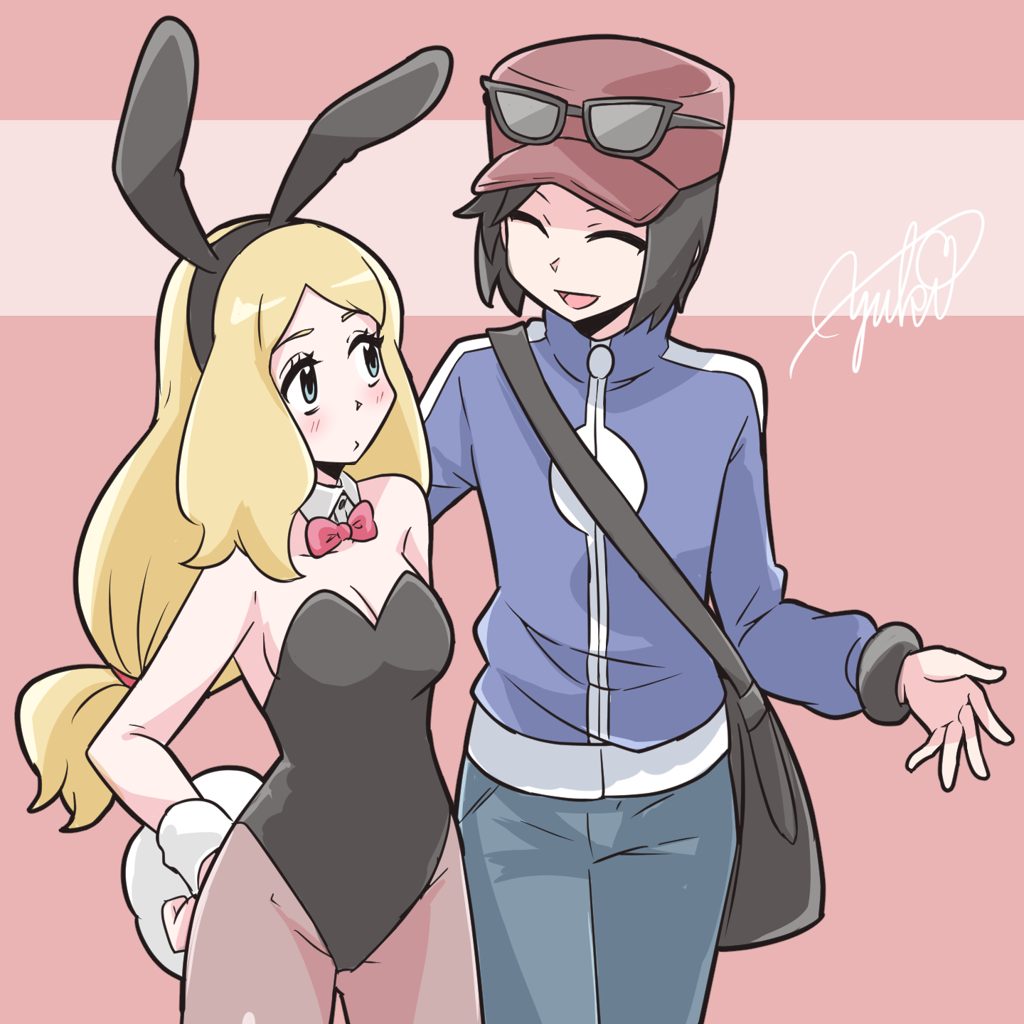 yuki mura 1031, calem (pokemon), serena (pokemon), nintendo, pokemon, pokemon xy, highres, 1boy, 1girl, animal ears, black hair, blonde hair, blue jacket, blush, bow, bowtie, breasts, closed eyes, cowboy shot, eyewear on headwear, fake animal ears, hand on own hip, jacket, leotard, looking at another, pink background, playboy bunny, rabbit ears, rabbit tail, red bow, red bowtie, signature, tail, wrist cuffs