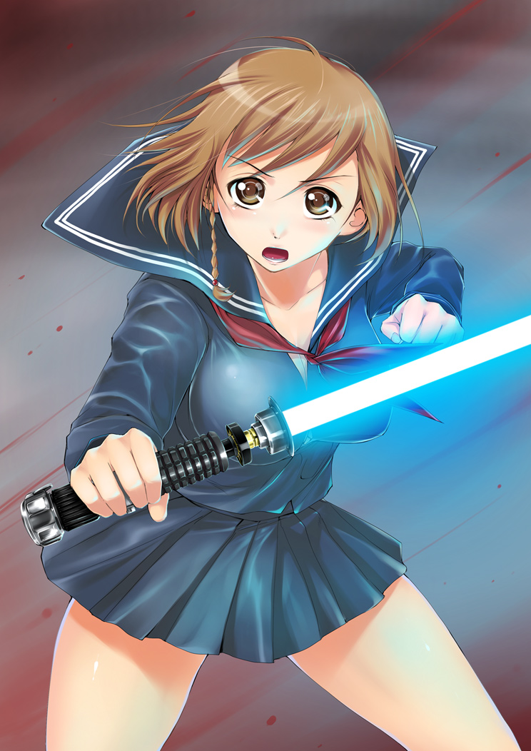shinozuka jouji, original, star wars, 1girl, braid, brown eyes, brown hair, collarbone, energy sword, female focus, lightsaber, parody, school uniform, serafuku, short hair, skirt, solo, sword, weapon