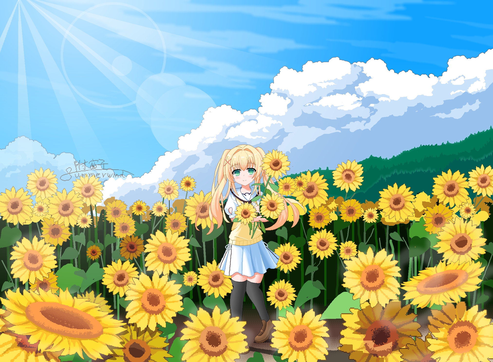 fuchuangzi summerwind, tsumugi wenders, summer pockets, chinese commentary, commentary request, highres, 1girl, adapted costume, black thighhighs, blonde hair, blue sky, blush, brown shoes, closed mouth, cloud, cumulonimbus cloud, day, field, flower, flower field, full body, green eyes, hair between eyes, hair intakes, hair ornament, hands up, holding, holding flower, loafers, long hair, looking at viewer, miniskirt, mountainous horizon, outdoors, pixel art, puffy short sleeves, puffy sleeves, ringed eyes, scenery, school uniform, serafuku, shirt, shoes, short sleeves, sidelocks, signature, skirt, sky, smile, split mouth, standing, summer pockets school uniform, sunflower, sunflower field, sunlight, sweater vest, thighhighs, twintails, white serafuku, white shirt, white skirt, x hair ornament, yellow sweater vest, zettai ryouiki