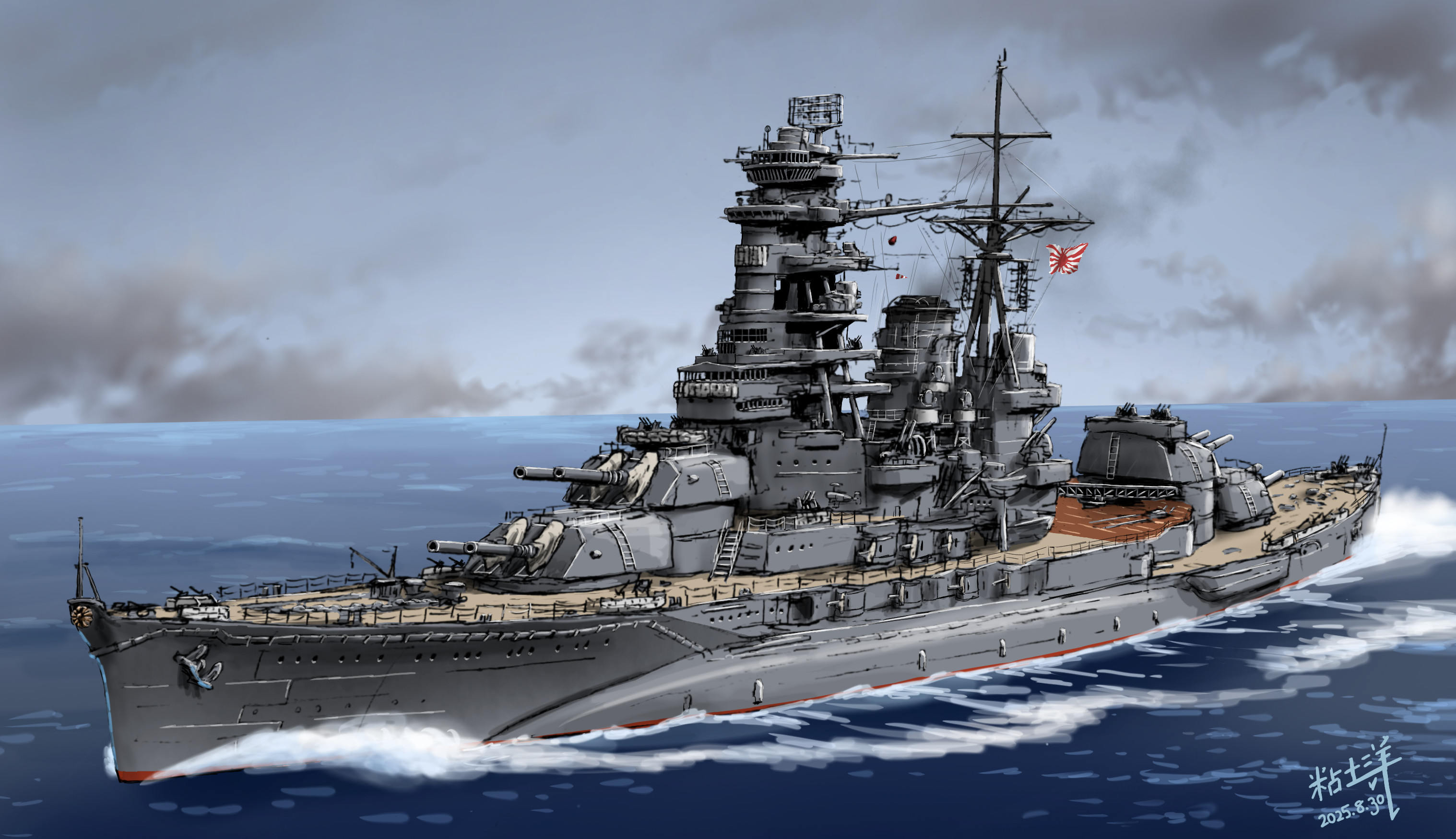 nendoyo, original, commentary request, highres, anti-aircraft, anti-aircraft gun, artist name, battleship, cannon, casemate, dated, imperial japanese navy, mast, military, military vehicle, nagato (battleship), no humans, ocean, rising sun flag, sailing, ship, ship turret, signal flag, sky, sunburst, vehicle focus, warship, watercraft